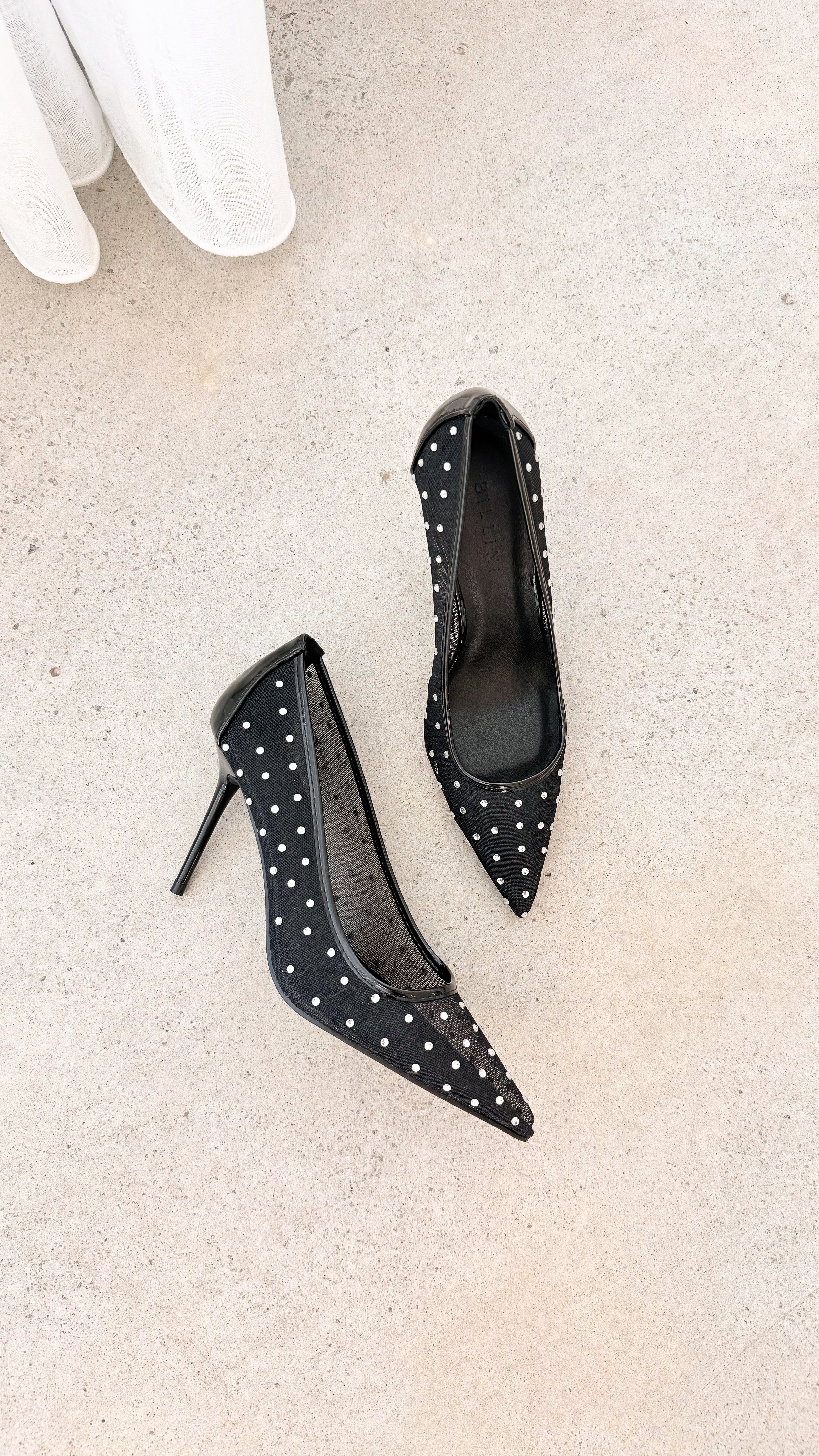 Lee Women's Black Mesh Diamante Heels - Elegant High Heel Shoes for Party, Wedding & Evening Events