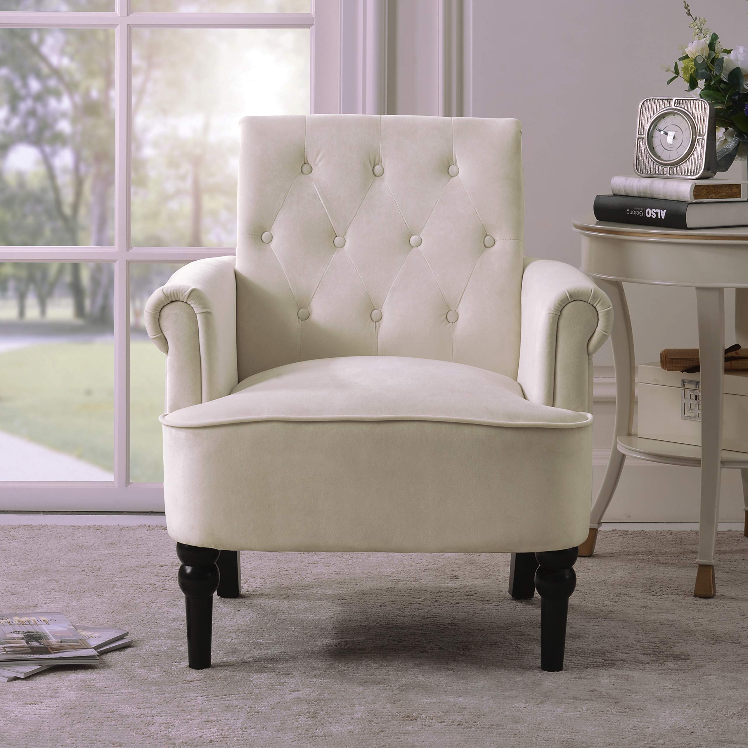 Mid Century Modern Accent Chair - Velvet Upholstered Armchair with Button Tufted Design & Padded Seat - Compact Space-Saving Chair for Living Room, Bedroom or Home Office - Off White - Perfect for Small Apartments & Cozy Reading Nooks