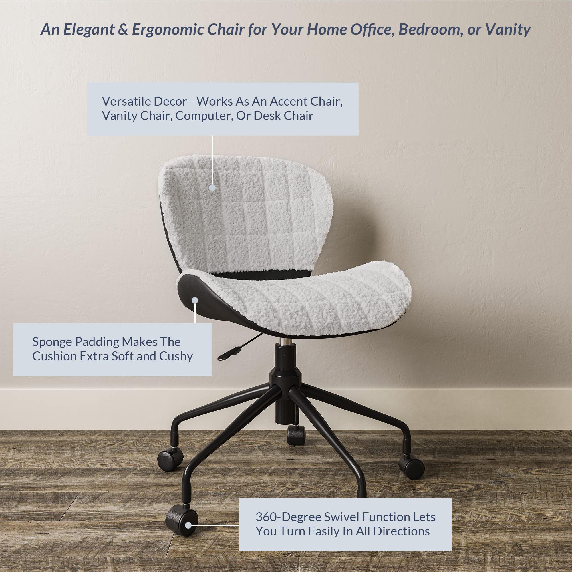 BELLEZE Modern Upholstered Wool Desk Chair with Swivel Wheels & Adjustable Height - Ergonomic Office Chair for Home Office, Gaming Desk & Vanity - Contemporary Rolling Task Chair in White & Black