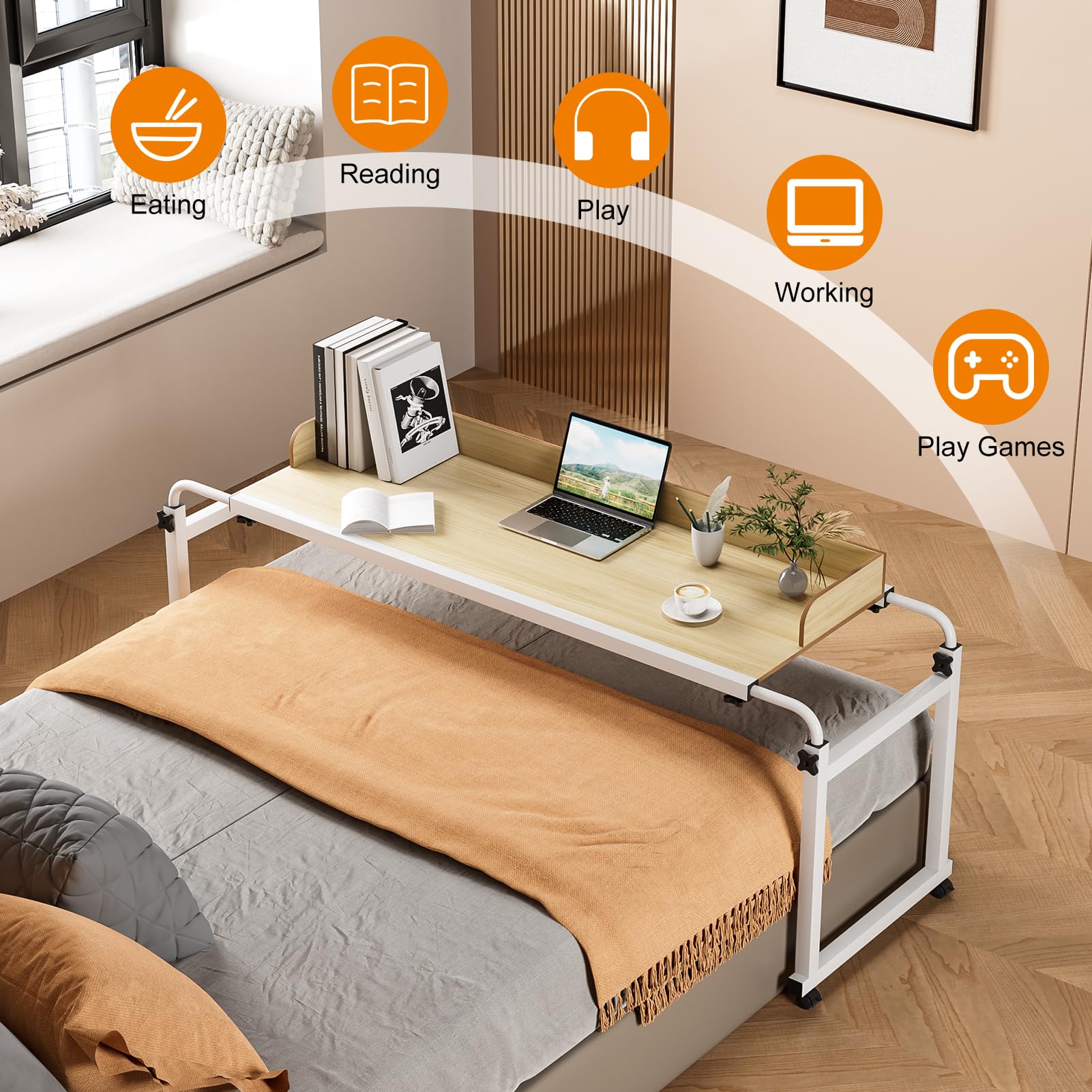 Adjustable Over Bed Table with Wheels - Rolling Laptop Cart & Standing Workstation for Home Office, Hospital & Living Room - Mobile Tray Table with Metal Legs (Wooden Finish) - Perfect for Bedridden Patients, Remote Work & Meal in Bed