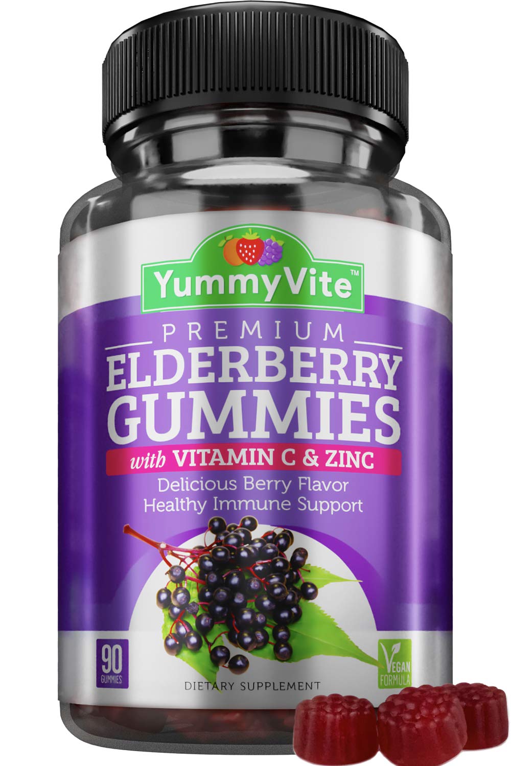 Elderberry Gummies with Vitamin C & Zinc - 90 Count Immune Support Supplement, Vegan Berry Flavored Gummy Vitamins for Adults & Kids - Boost Immunity During Cold & Flu Season, Travel & Daily Wellness