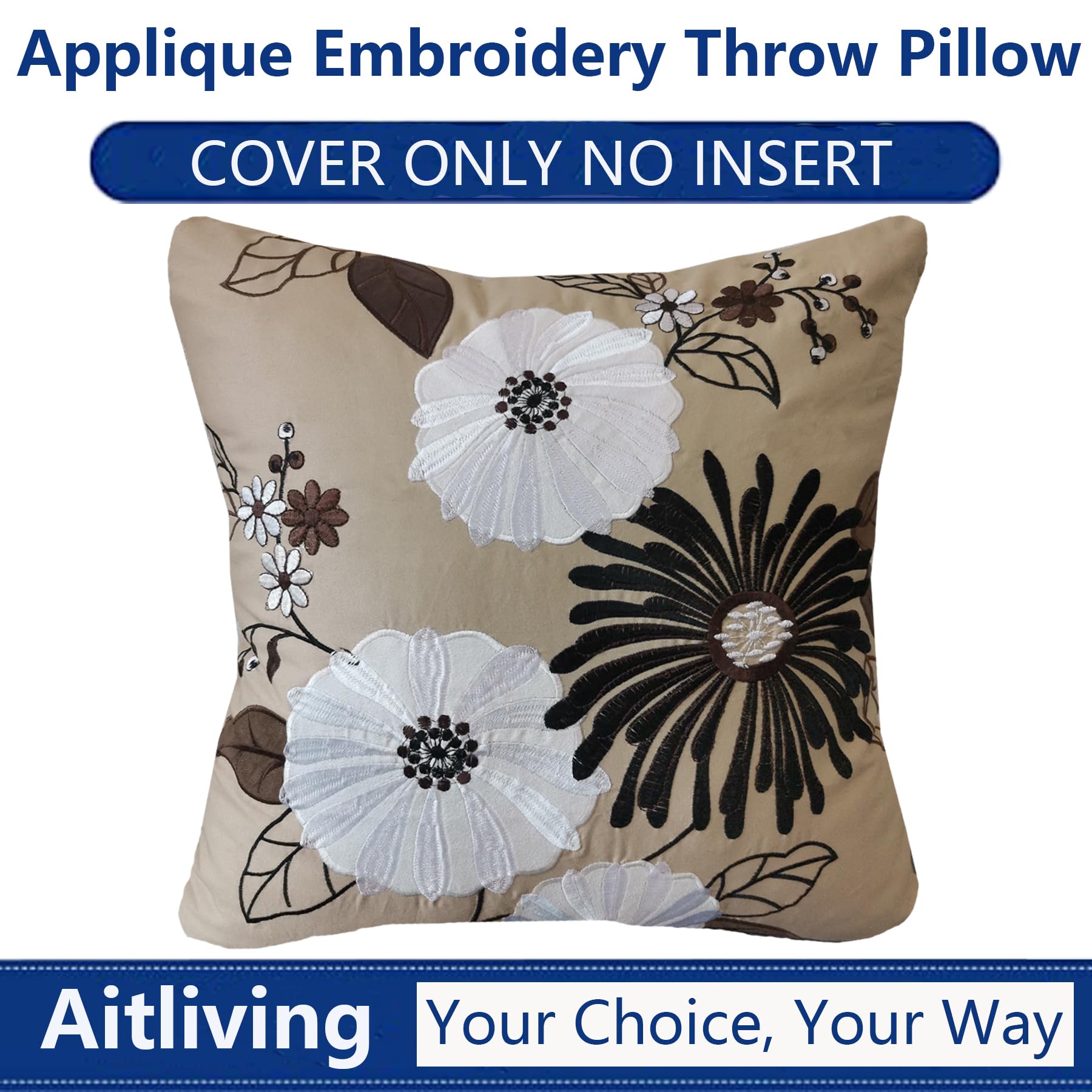 European Floral Appliquéd Embroidery Cotton Satin Cushion Cover 18x18 Inch - French Country Farmhouse Decorative Throw Pillow Case in Black/White/Brown Blooming Flower Design for Living Room Sofa, Bedroom Decor, Fall and Festive Home Accents
