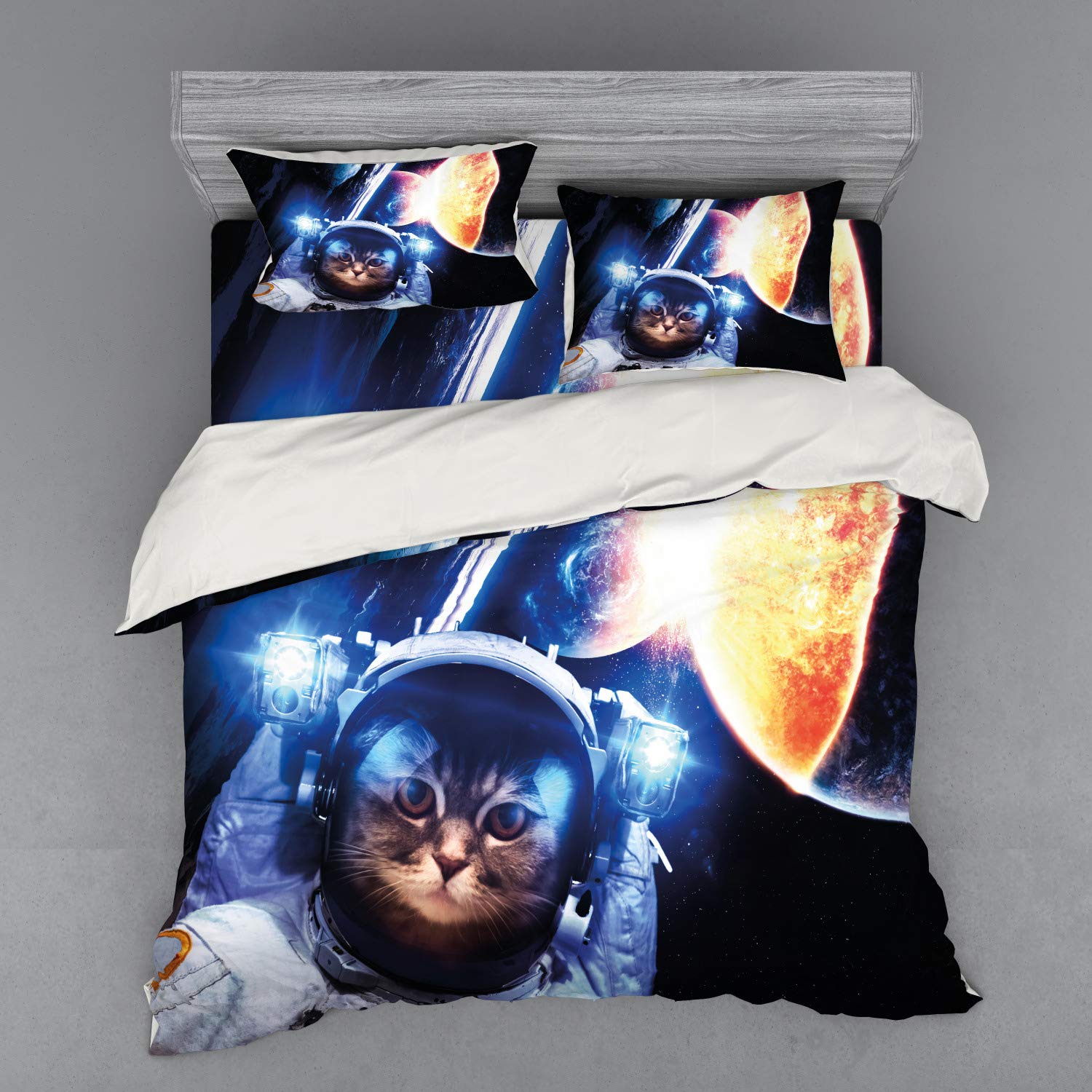 Ambesonne Space Cat Duvet Cover Set - King Size 4-Piece Bedding with Shams & Fitted Sheet, Kitten in Suit with Planets Nebula Supernova Eclipse Space Art, Dark Blue Orange - Perfect for Galaxy Themed Bedrooms, Kids Rooms & Sci-Fi Decor