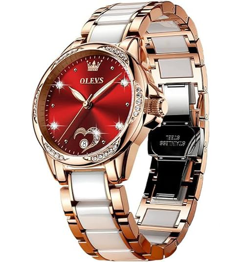 OLEVS Women's Automatic Mechanical Watch - Rose Gold Ceramic Band, Diamond Case, Waterproof & Luminous - Elegant Ladies Wristwatch for Business, Party & Daily Wear