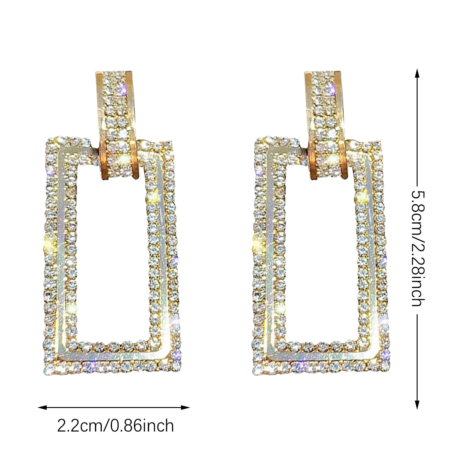 KaFu Fashion Statement Long Drop Earrings - Boho Large Metal Rectangle Geometric Dangle Earrings with Rhinestones - Elegant Women's Jewelry Gift for Parties, Weddings & Special Occasions