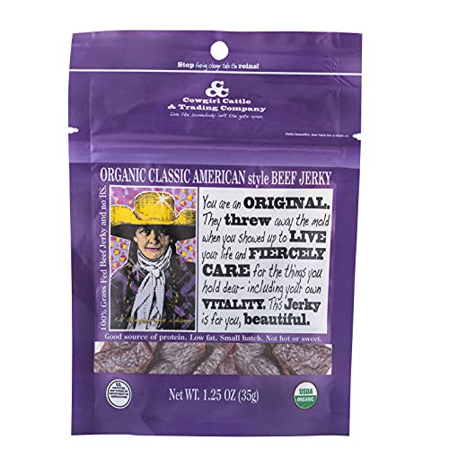 Organic Classic American Style Beef Jerky - Gluten Free, 1.25 Oz (35g) Pony Pouch - Cowgirl Cattle Brand - 12 Pack - Perfect for Hiking, Camping & Road Trips