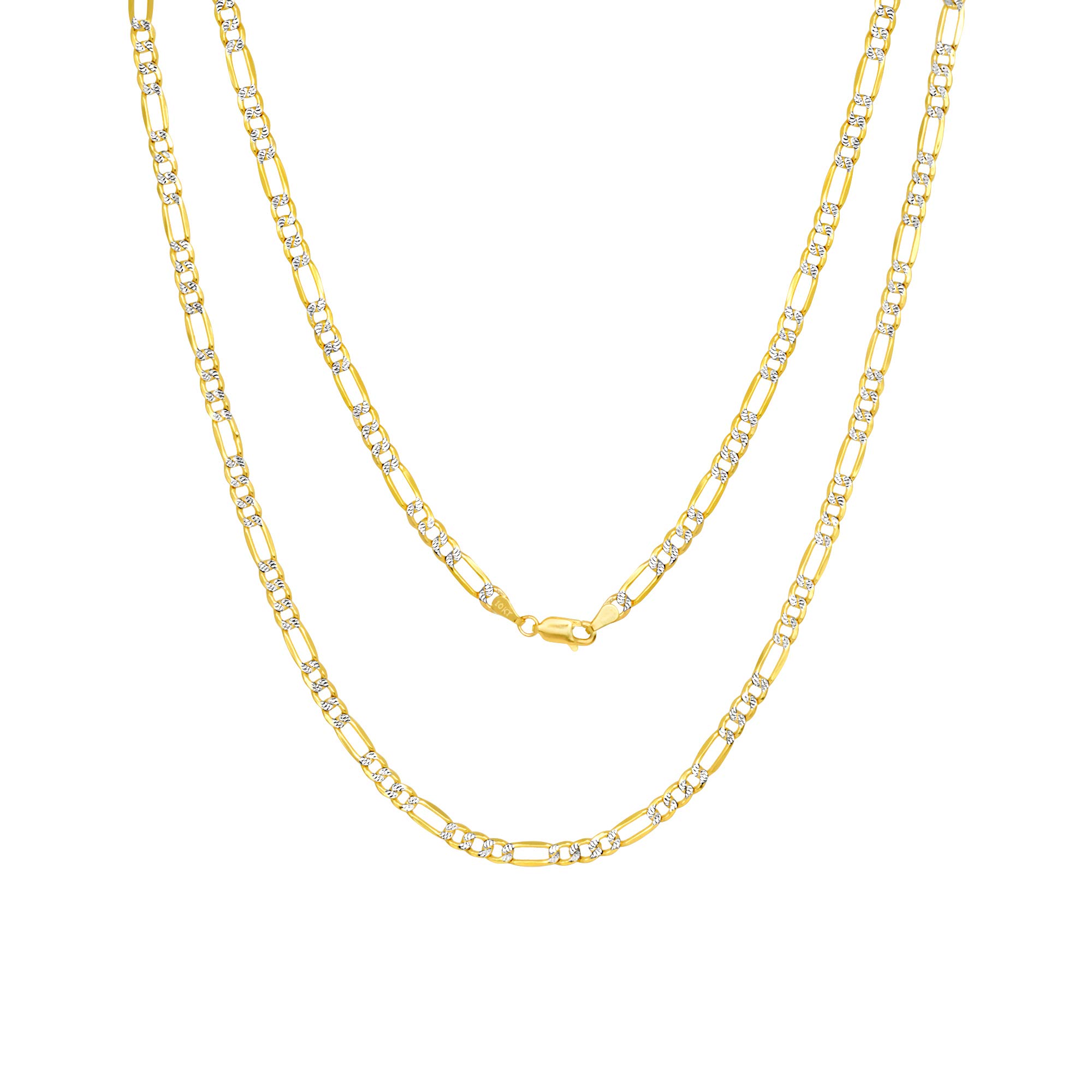 10K Real Yellow Gold Figaro Link Chain Necklace for Men & Women - 4.5mm Diamond Cut Pave Design, 16