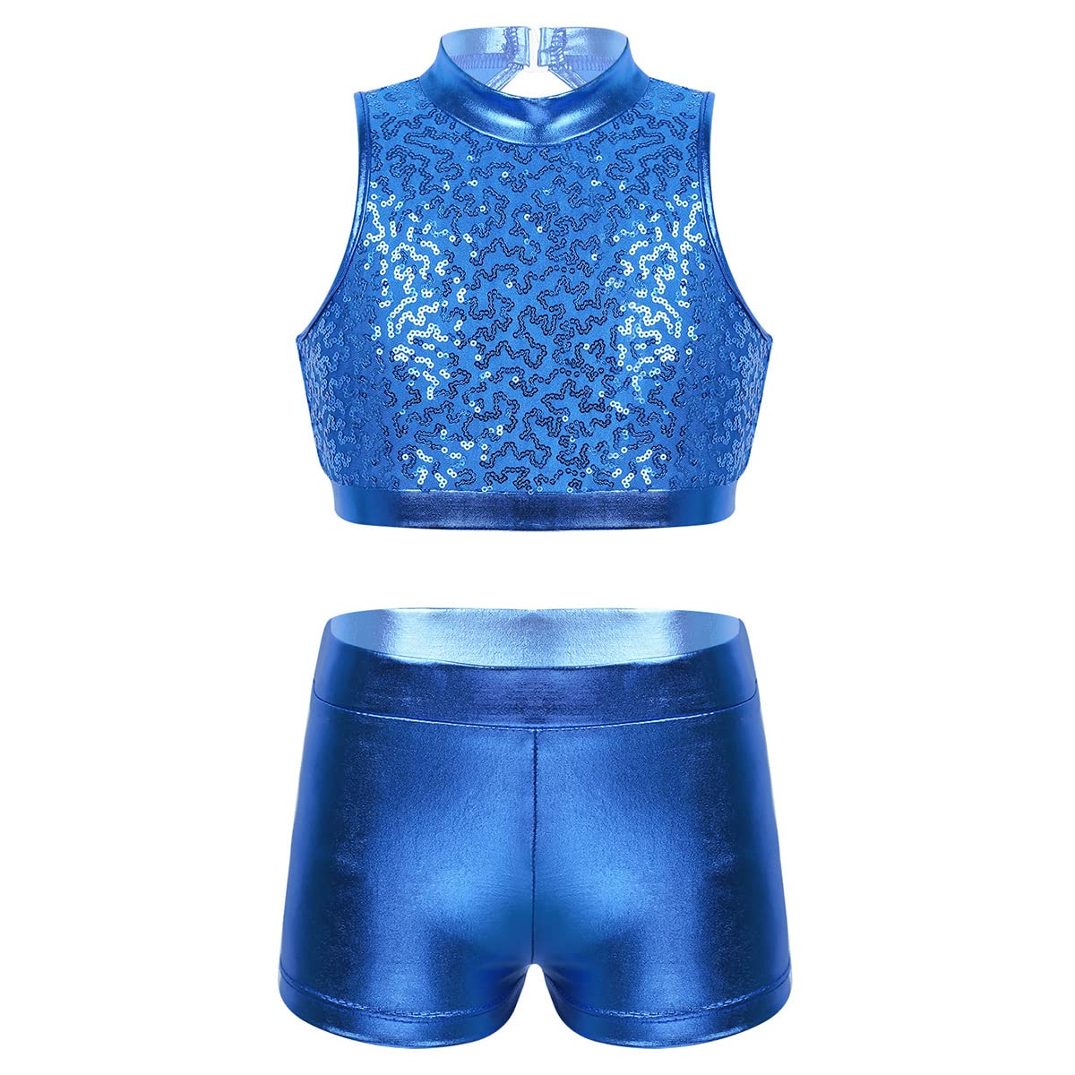 Sparkly Girls 2-Piece Dance Outfit - Sequin Crop Top with Cutout Back & Booty Shorts for Gymnastics, Dance, Workout | Perfect for Performances, Competitions & Dance Classes