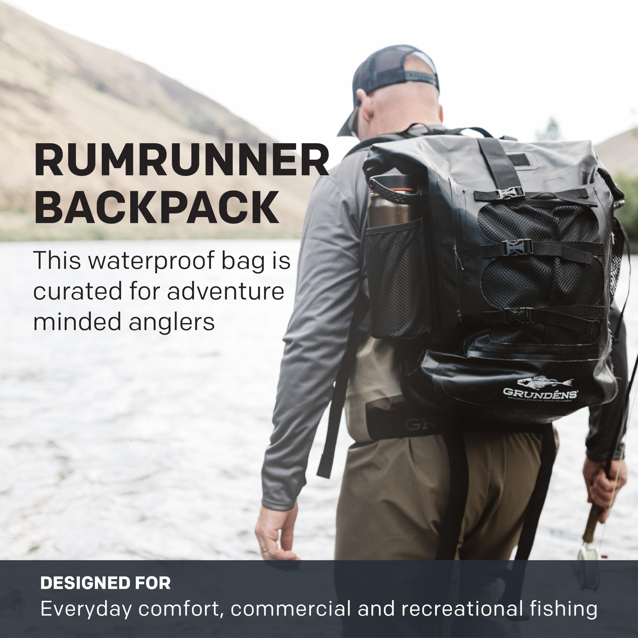 Grundens Gage Tech Rum Runner Backpack - Waterproof Fishing Backpack for Men & Women, Large Black, Durable Outdoor Gear for Hiking, Camping & Boat Trips