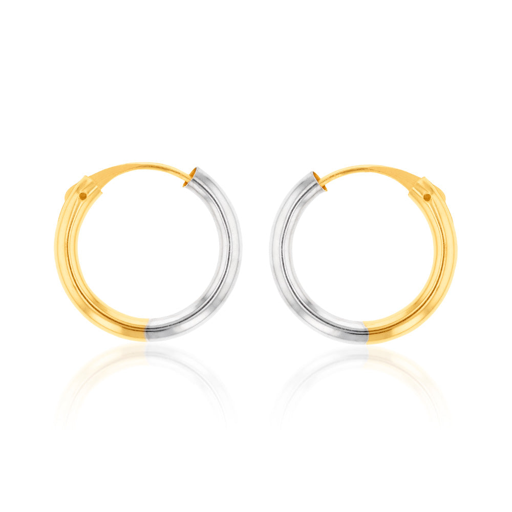 9ct Yellow and White Gold Two-Tone 14mm Sleeper Earrings for Women - Hypoallergenic Comfort Hoop Earrings for Everyday Wear, Sleeping, and Gifting