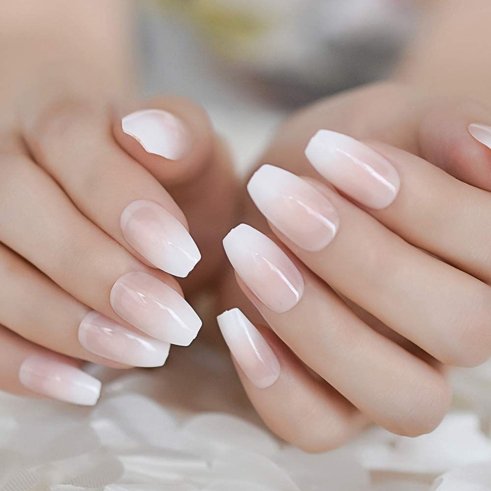 Ombre French Ballerina Fake Nails - Gradient Natural Coffin False Nails for Women - 24PCS Wholesale Press On Nails Supplier - Perfect for Parties, Weddings & Special Occasions