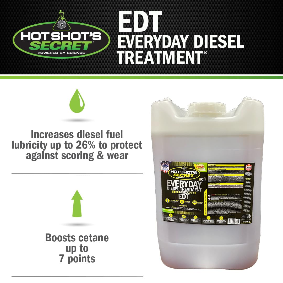 Hot Shot's Secret Everyday Diesel Treatment 5 Gallon - 6-in-1 Diesel Additive for Injector Cleaner, Fuel System Cleaner & Cetane Boost | Improves Engine Performance & Fuel Efficiency for Trucks, Heavy Equipment & Diesel Vehicles