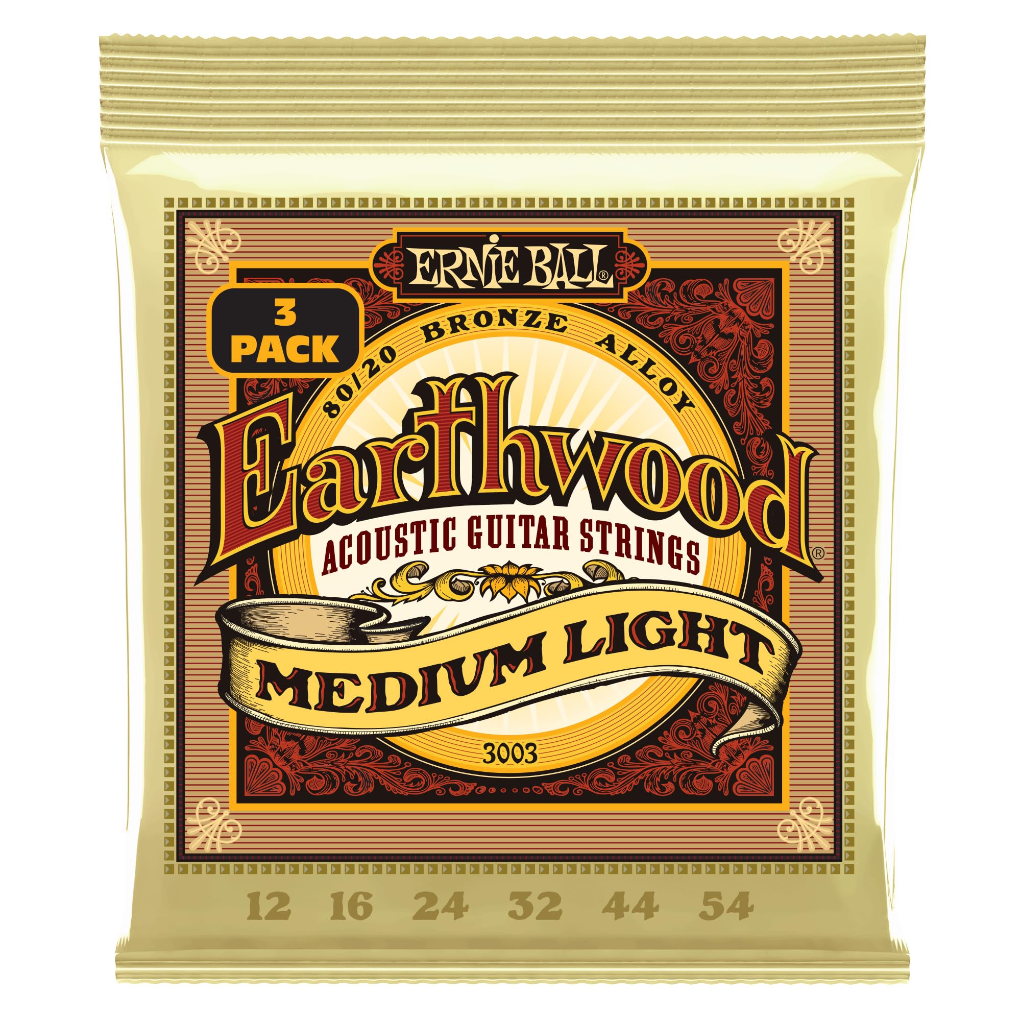 Ernie Ball Earthwood Medium Light 80/20 Bronze Acoustic Guitar Strings 3-Pack, 12-54 Gauge (P03003) - Perfect for Folk, Country & Fingerstyle Playing