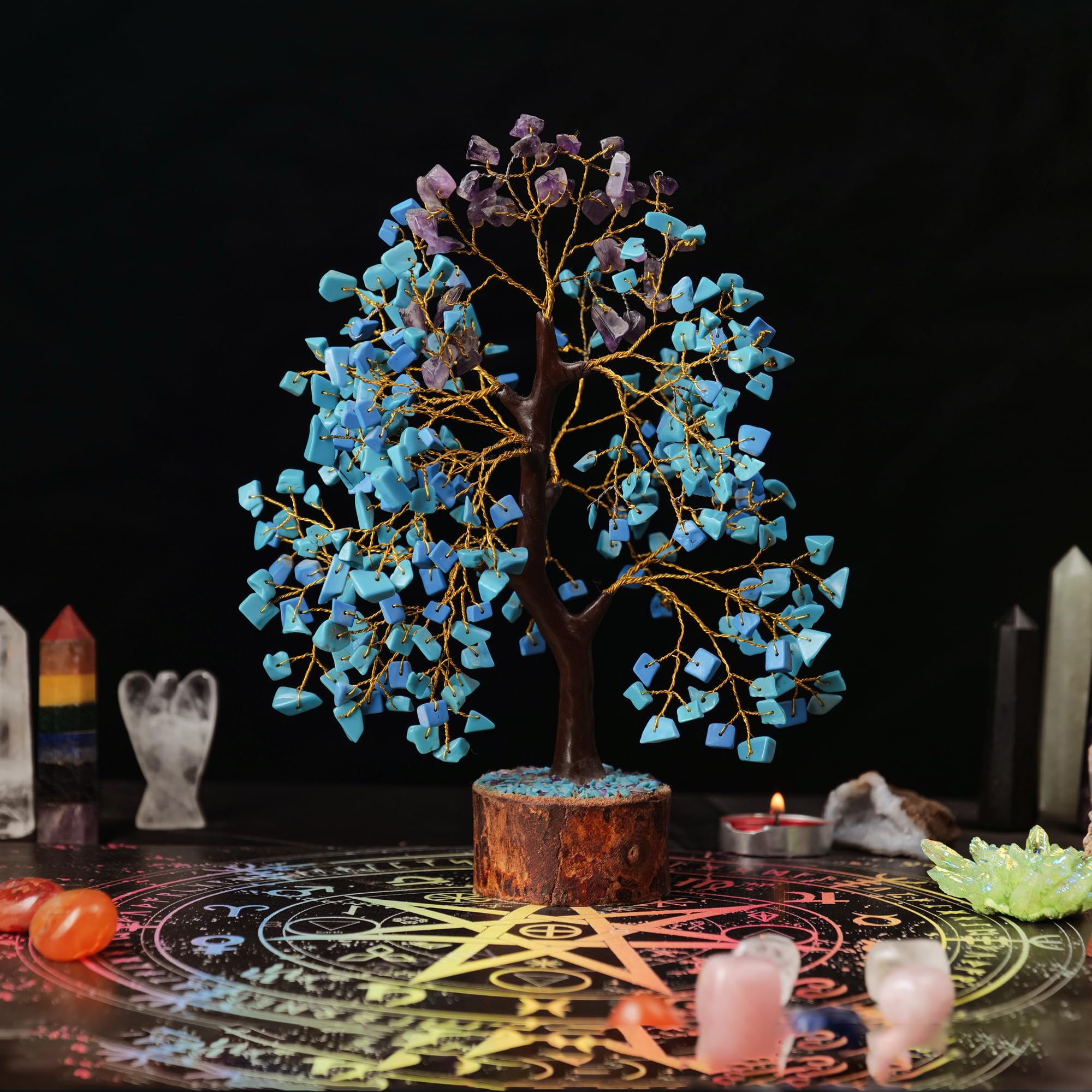 Turquoise & Amethyst Healing Crystal Tree with 2 Chakra Pendants - 10-12