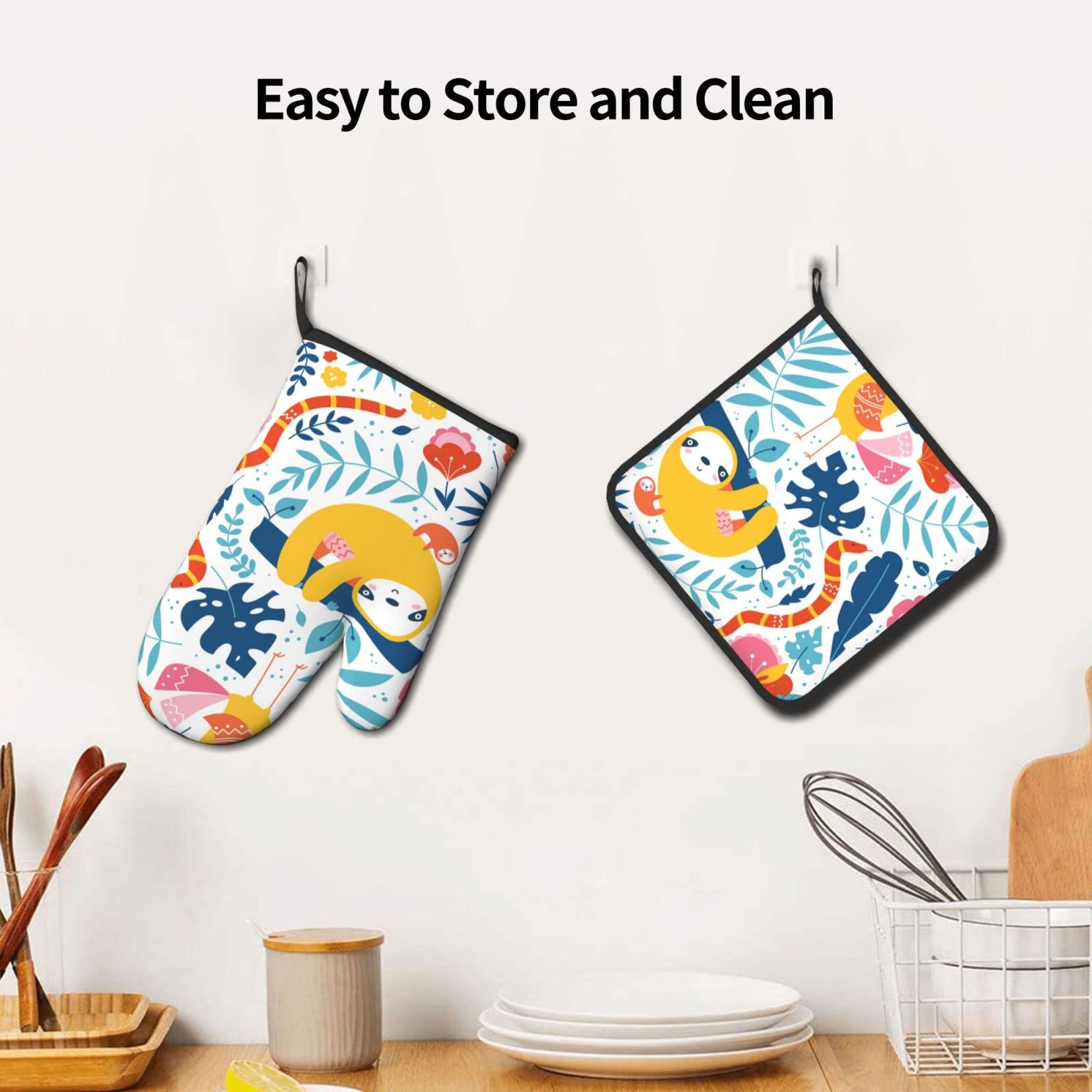 Sloth Pattern Heat Resistant Oven Mitts & Pot Holders Set - Kitchen Cooking & Baking Accessories for Grilling, Roasting, and Food Handling