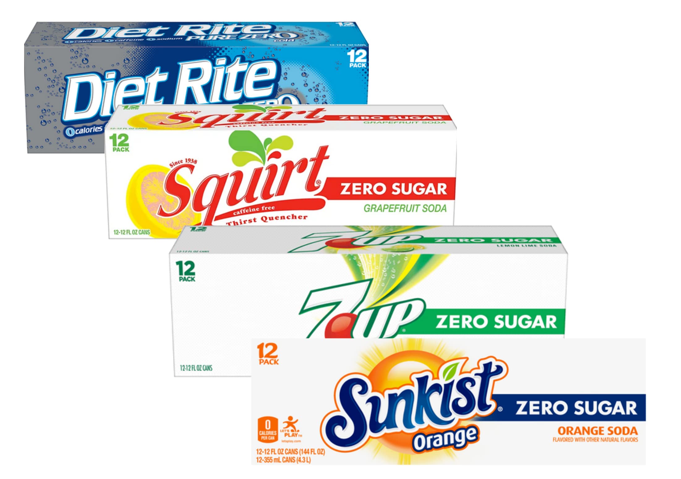 Diet Soda Variety Pack - Diet Rite, Sunkist Zero, 7UP Zero & Squirt Zero Sugar Soft Drinks (48 Cans, 12 fl oz Each) - Perfect for Parties, Office Snacks & Healthy Lifestyle