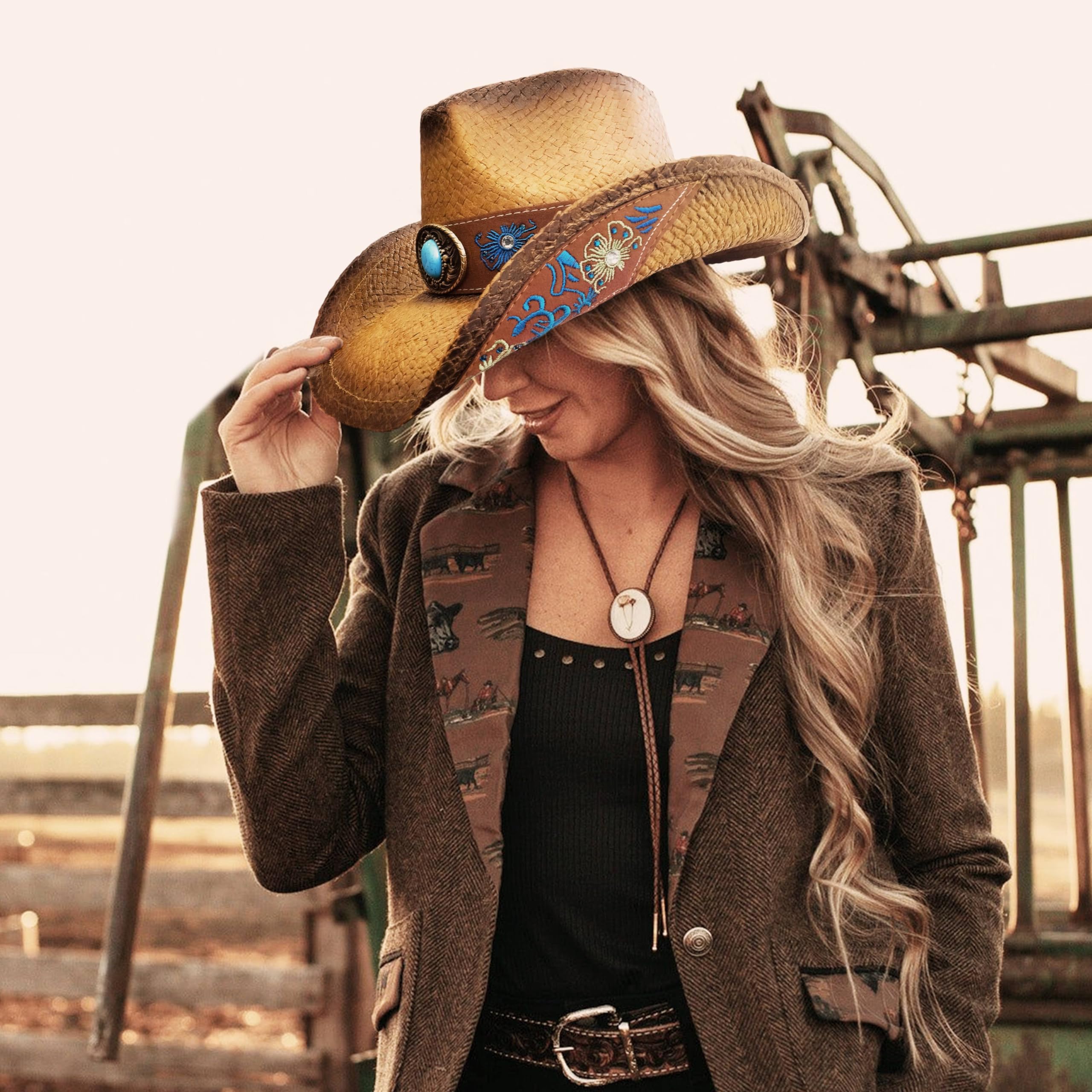 Stylish Embroidered Straw Cowboy Hats for Women & Men - Western Rodeo Fashion Accessories for Cowboys, Cowgirls - Perfect for Country Music Festivals, Rodeos & Outdoor Adventures