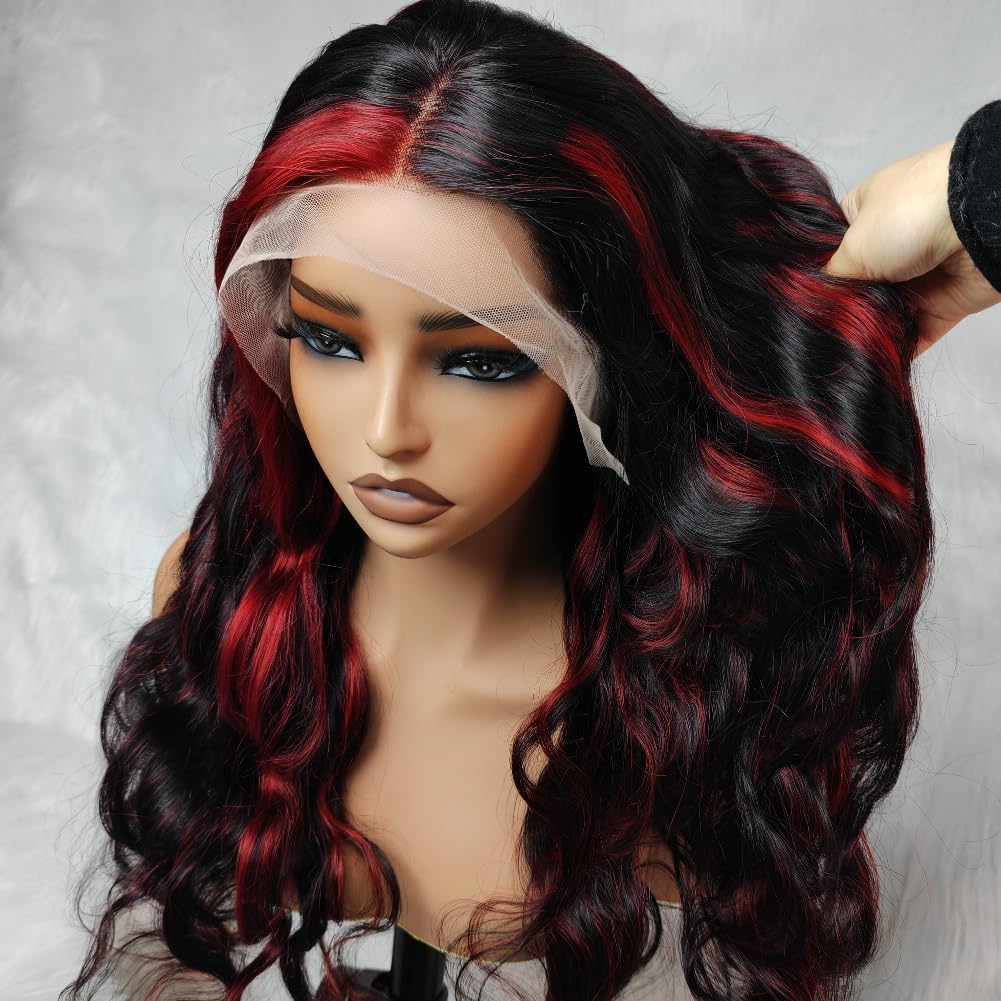 13x4 Transparent HD Lace Front Wig - Brazilian Human Hair with Pre-Plucked Remy Wine Red Ombre | 180% Density Middle Deep Parting | Red Highlight Body Wave Virgin Hair Wigs for Women | Perfect for Cosplay, Daily Wear & Special Occasions