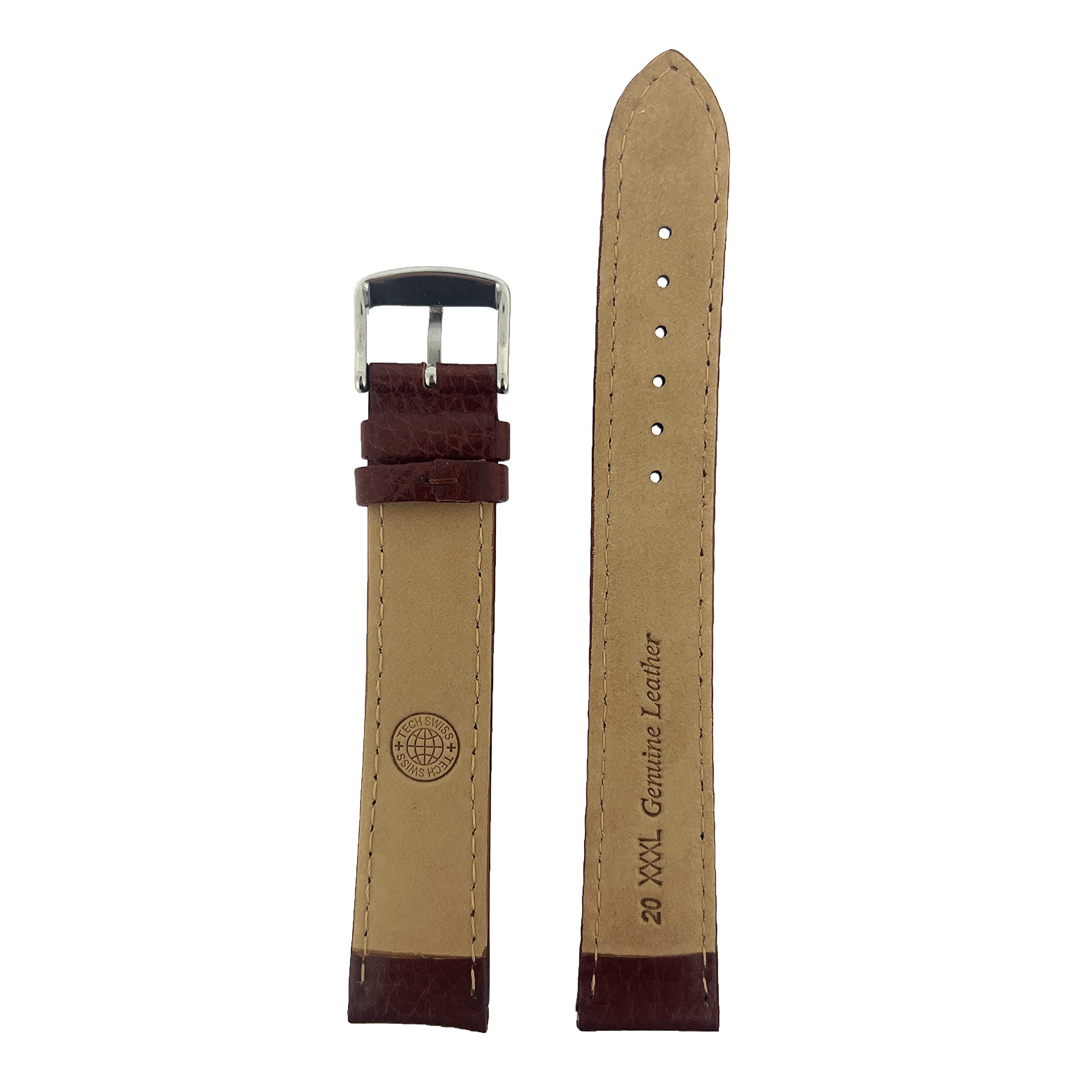 Techswiss Extra Long XXXL Genuine Calfskin Leather Watch Band - Brown | Adjustable Replacement Strap for Big Wrists, Dress Watches & Formal Occasions