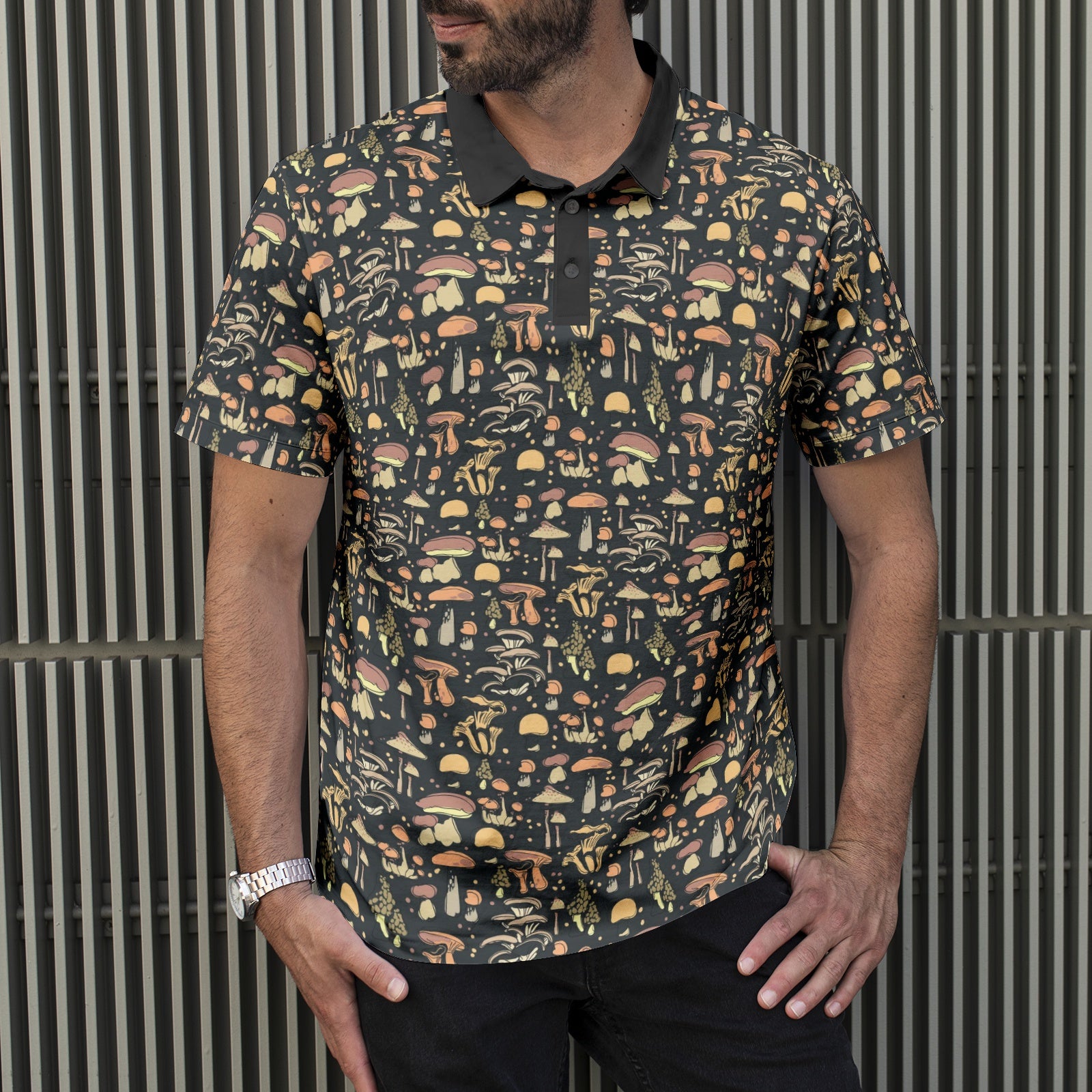Men's Mushroom Print Polo Shirt - Stylish All Over Printed Casual Shirt for Summer Outfits, Golf, and Outdoor Activities
