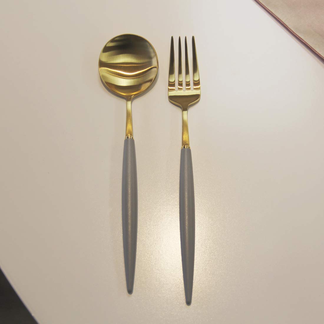 Premium 18/10 Stainless Steel Flatware Set - 4-Piece Bogen Eiffel Dinnerware Cutlery with 2 Soup Spoons & 2 Dessert Forks (Gold/Grey Matte Polycarbonate) - Elegant Tableware for Fine Dining, Wedding Gifts & Home Entertaining