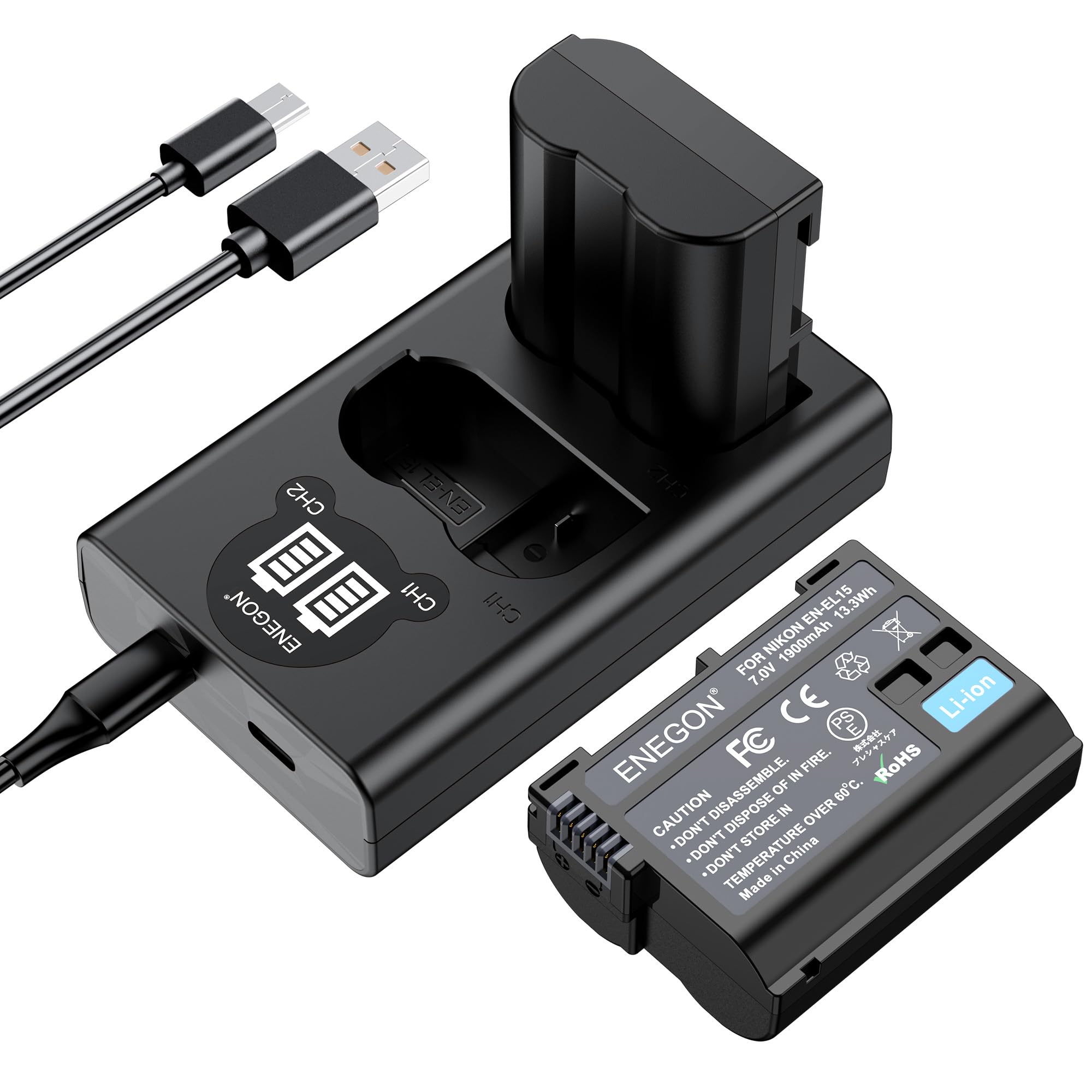ENEGON 2-Pack EN-EL15C Replacement Battery & Dual USB Smart LED Charger for Nikon Z6, Z7, D7100, D750, D7000, D7200, D600, D610, D880, D810, D810a, D800, D850 - Perfect for Travel, Photography, and Professional Shoots