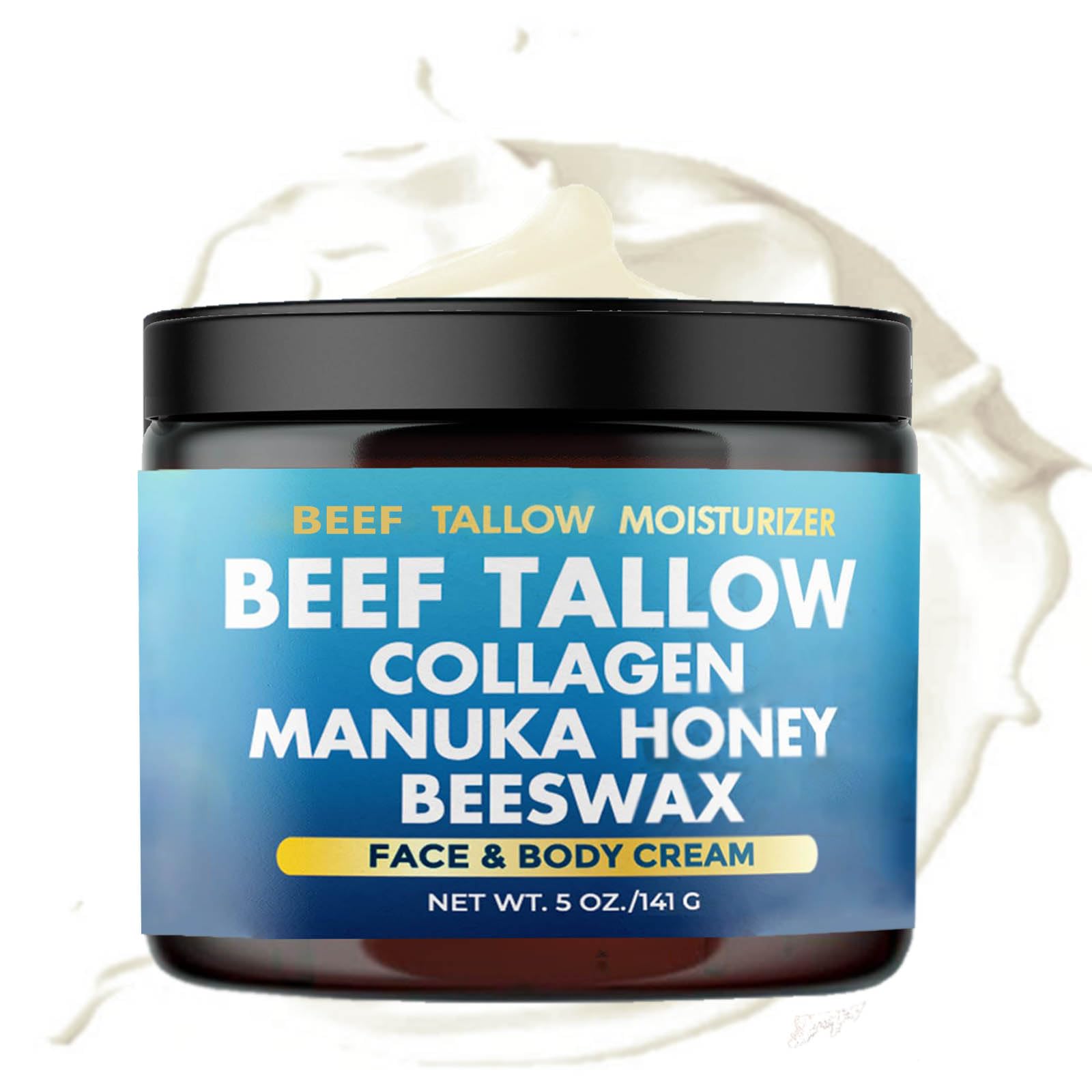 Grass-Fed Beef Tallow & Manuka Honey Moisturizing Cream - 7-in-1 Collagen Beeswax Face & Body Cream for Dry Skin | Natural Skincare for Hydration, Anti-Aging & Night Routine