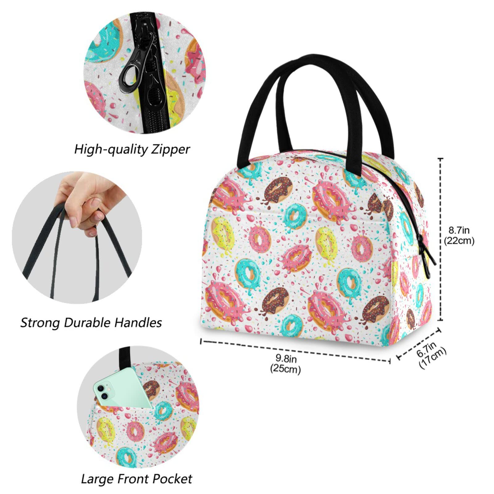 Colorful Splashed Donuts Insulated Lunch Tote Bag with Front Zipper Pocket - Reusable Cooler Container for Work, Picnic, Beach & Fishing - Perfect for Men & Women