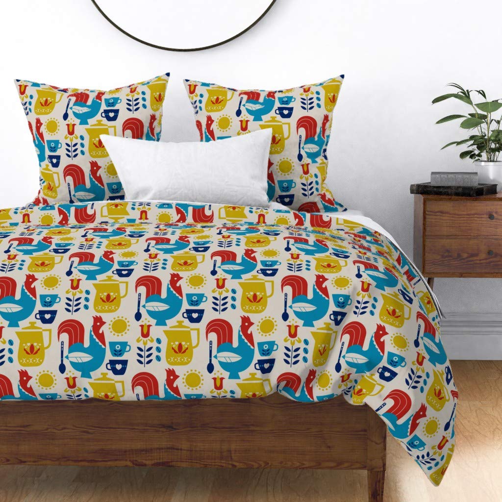Custom Morning Rooster Scandinavian Folk Art Chicken Floral Farm Animal Coffee Print Cotton Sateen Duvet Cover - King/California King Size | Perfect for Farmhouse, Cottagecore & Scandinavian Bedroom Decor
