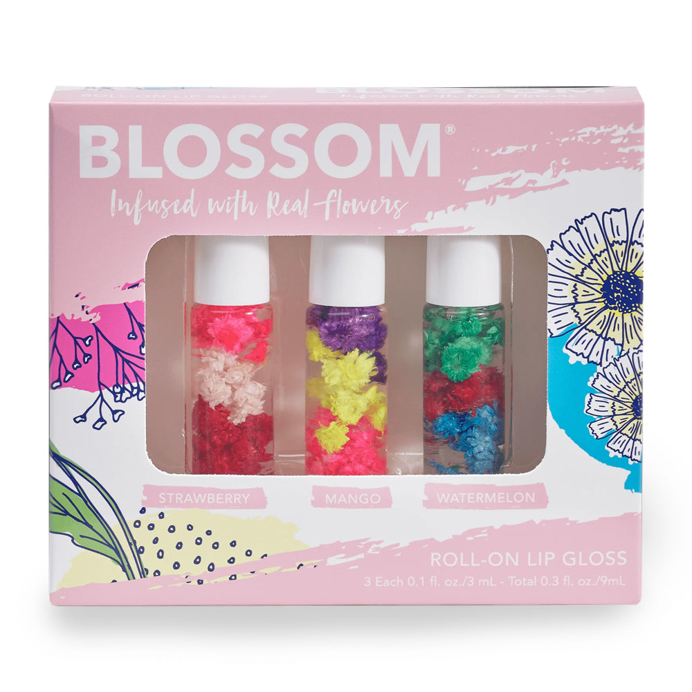 Blossom Mini Roll On Lip Gloss - 3 Pack Clear Lip Gloss for Moisturizing & Shine - Perfect for Daily Use, Parties & Makeup Touch Ups