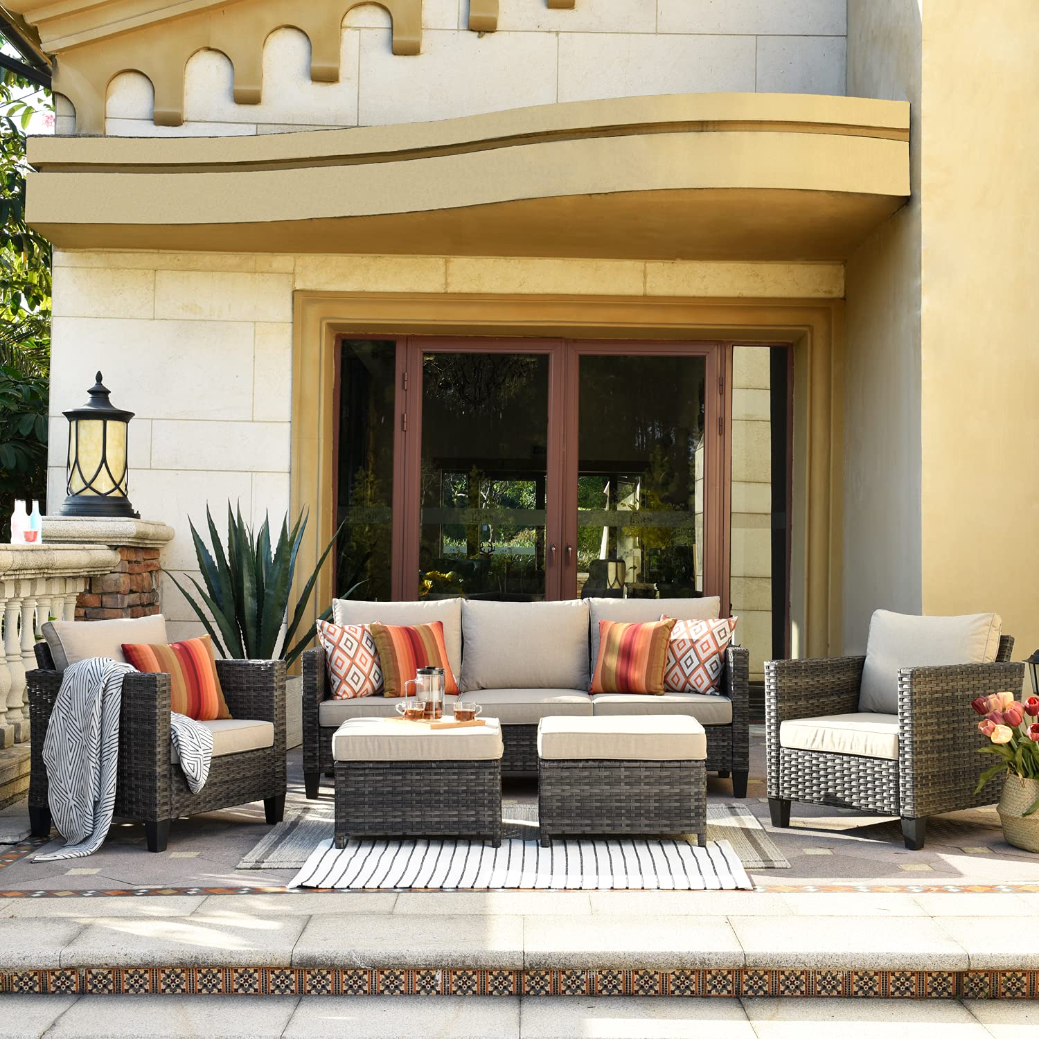 **5-Piece All-Weather Grey Wicker Patio Furniture Set - Outdoor Rattan Sofa, Chairs & Ottomans for Garden, Deck, Backyard (Beige) - Perfect for Relaxing, Entertaining & Lounging**