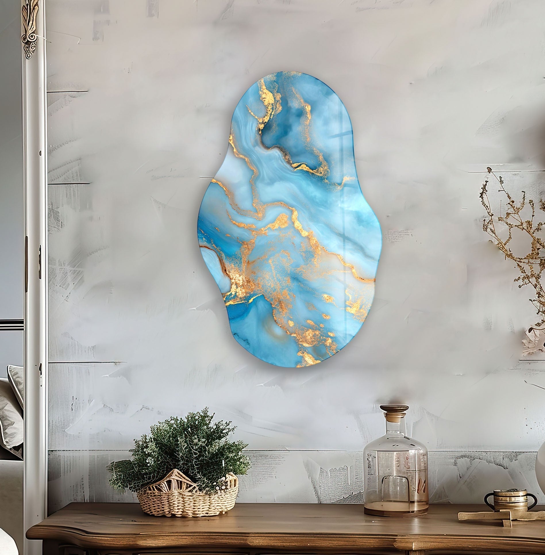 Blue Marble Large Glass Wall Art - Modern Abstract Home Decor for Living Room, Bedroom & Office | Elegant Handmade Glass Mosaic Panel