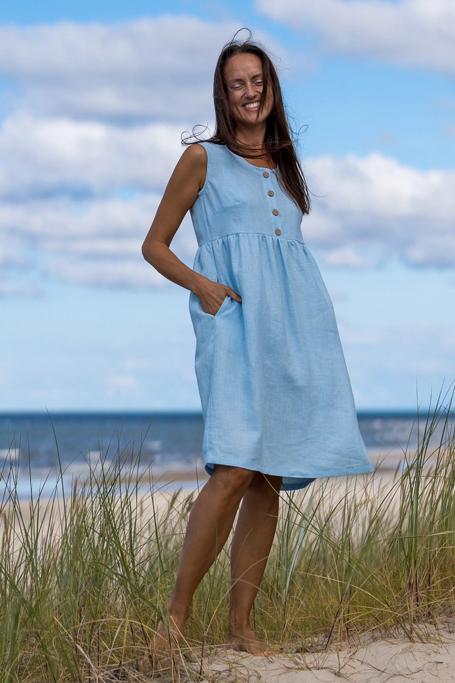BARBARA Sleeveless Linen Maternity Dress - Sky Blue | Comfortable Summer Pregnancy Outfit for Beach, Brunch & Baby Shower