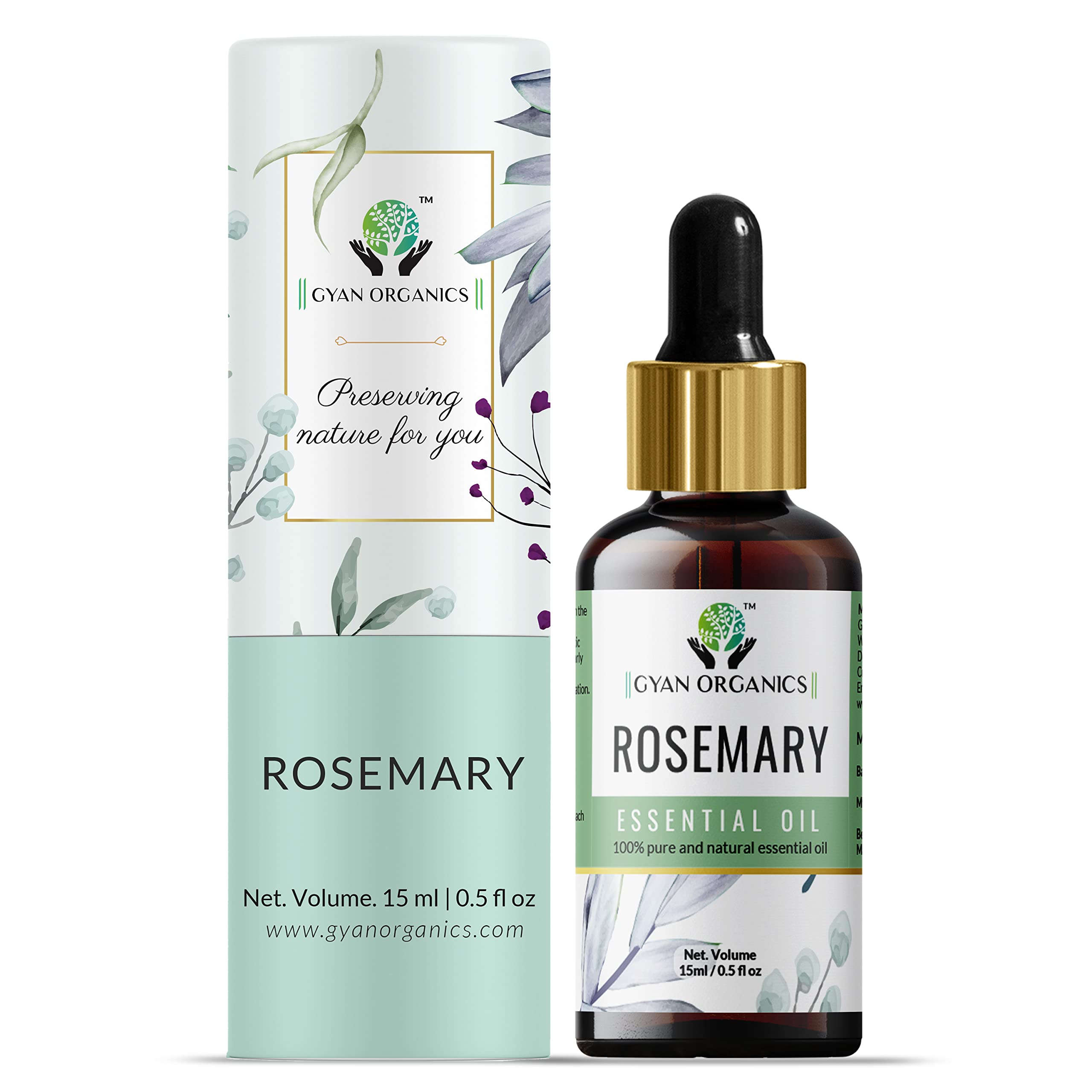 Gyan Organics 100% Pure Rosemary Essential Oil for Hair Growth - 15ml (Pack of 1) | Natural & Undiluted for Dandruff Control, Scalp Nourishment & Healthy Hair | Perfect for DIY Hair Care, Aromatherapy & Massage