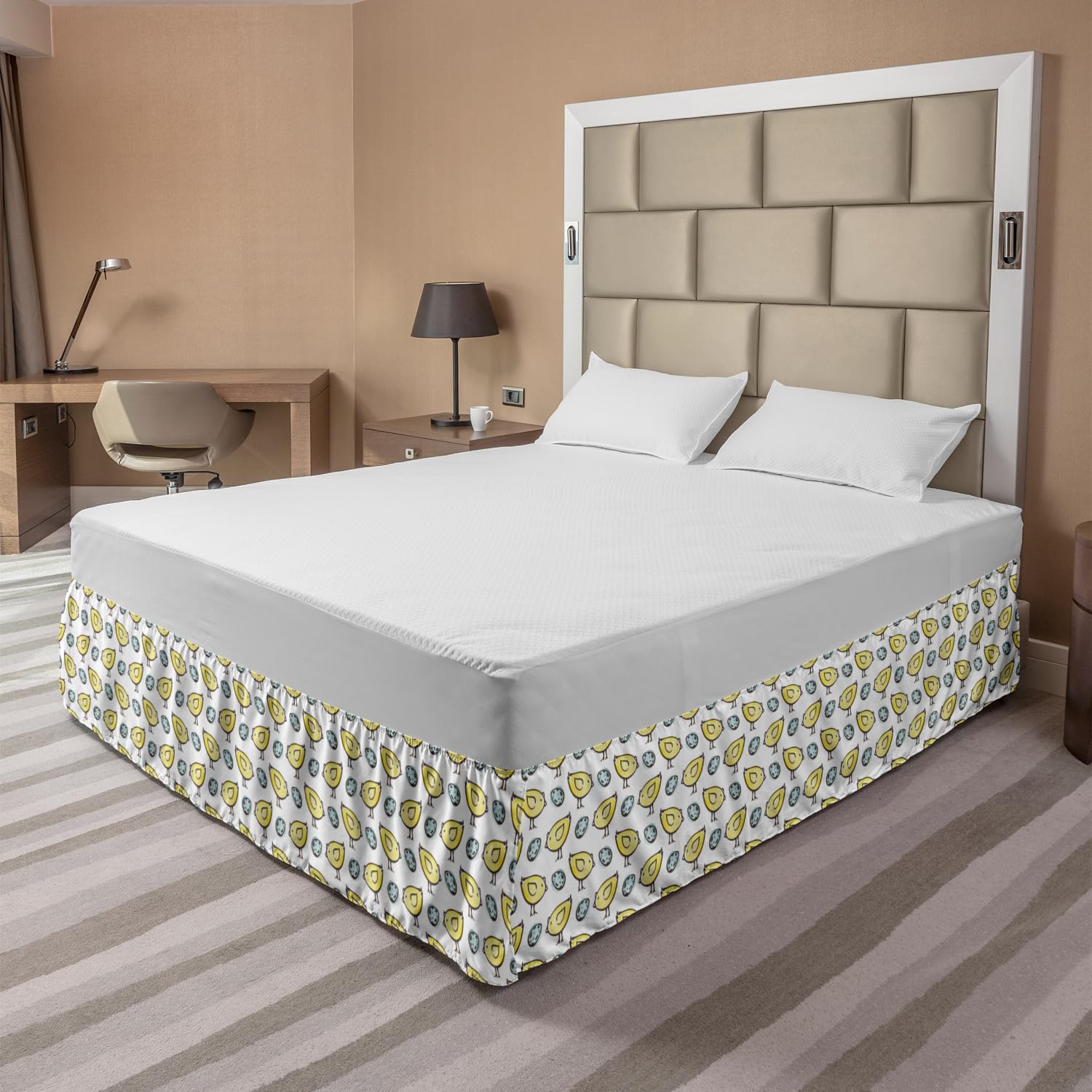 Ambesonne Yellow Bird Bed Skirt - Pastel Doodle Pattern, King Size for Bedroom Decor