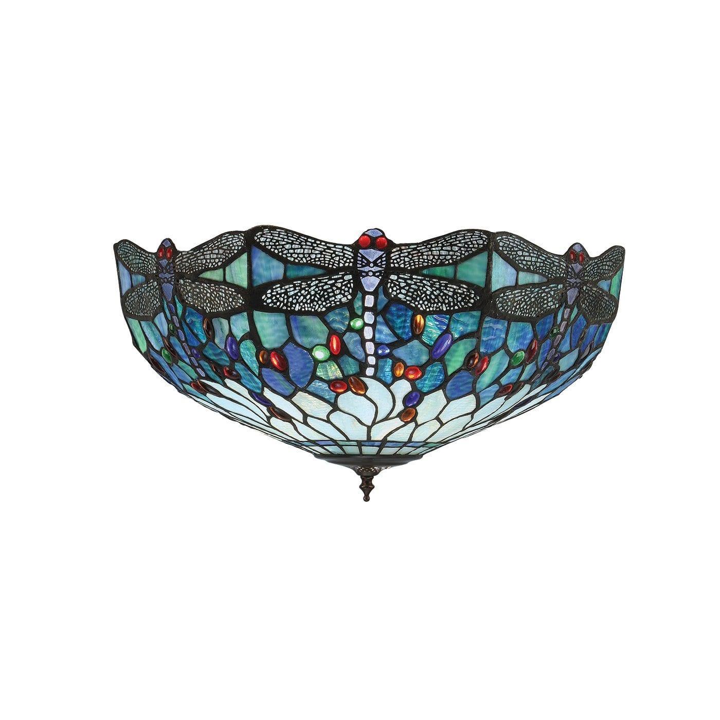 Blue Dragonfly Tiffany Style Flush Mount Ceiling Light - Elegant Stained Glass Fixture for Bedroom, Living Room & Dining Room Lighting