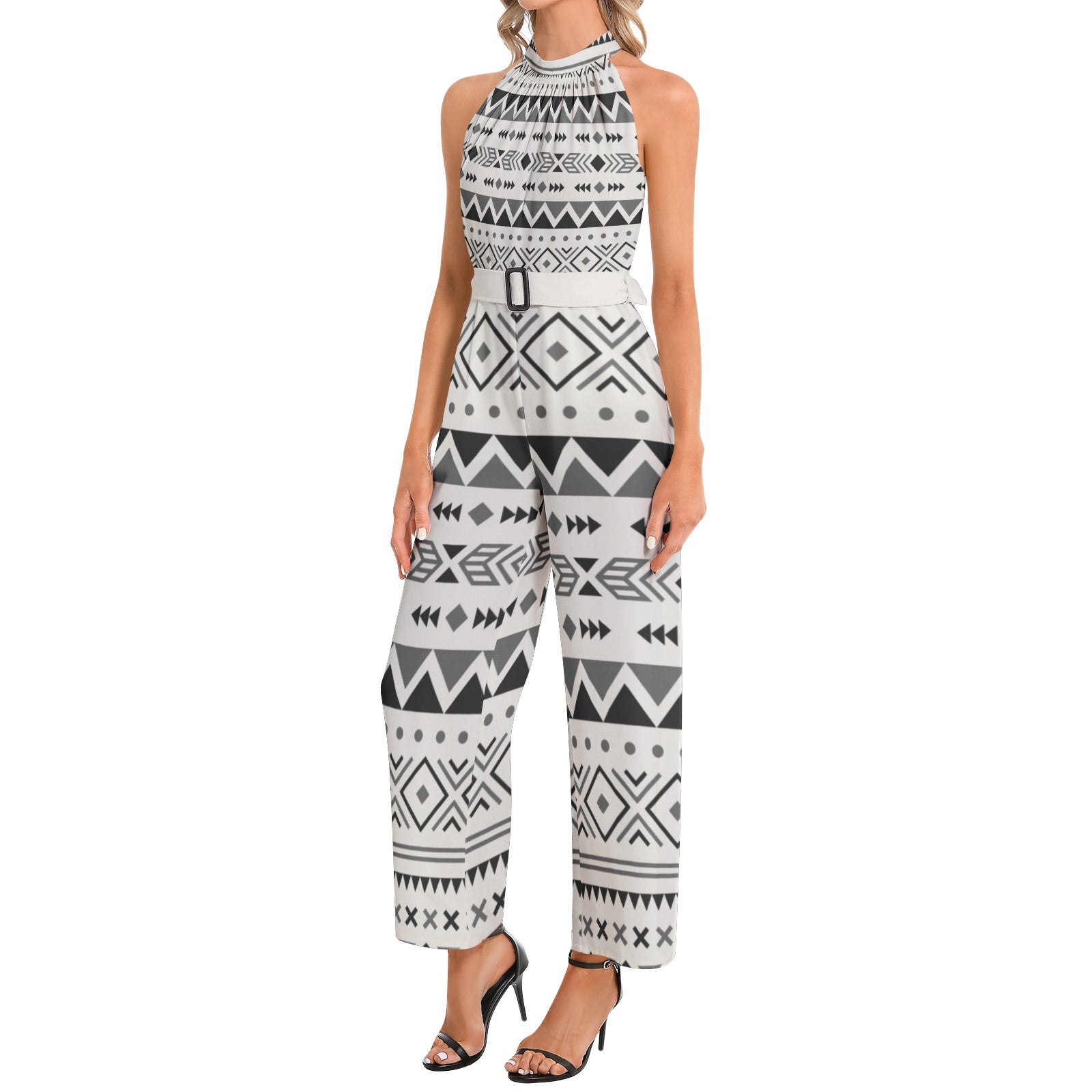 Women's Halter Neck Buckle Belted Jumpsuit with Desert Vista Print - Stylish One-Piece Romper for Summer, Beach, and Casual Outings
