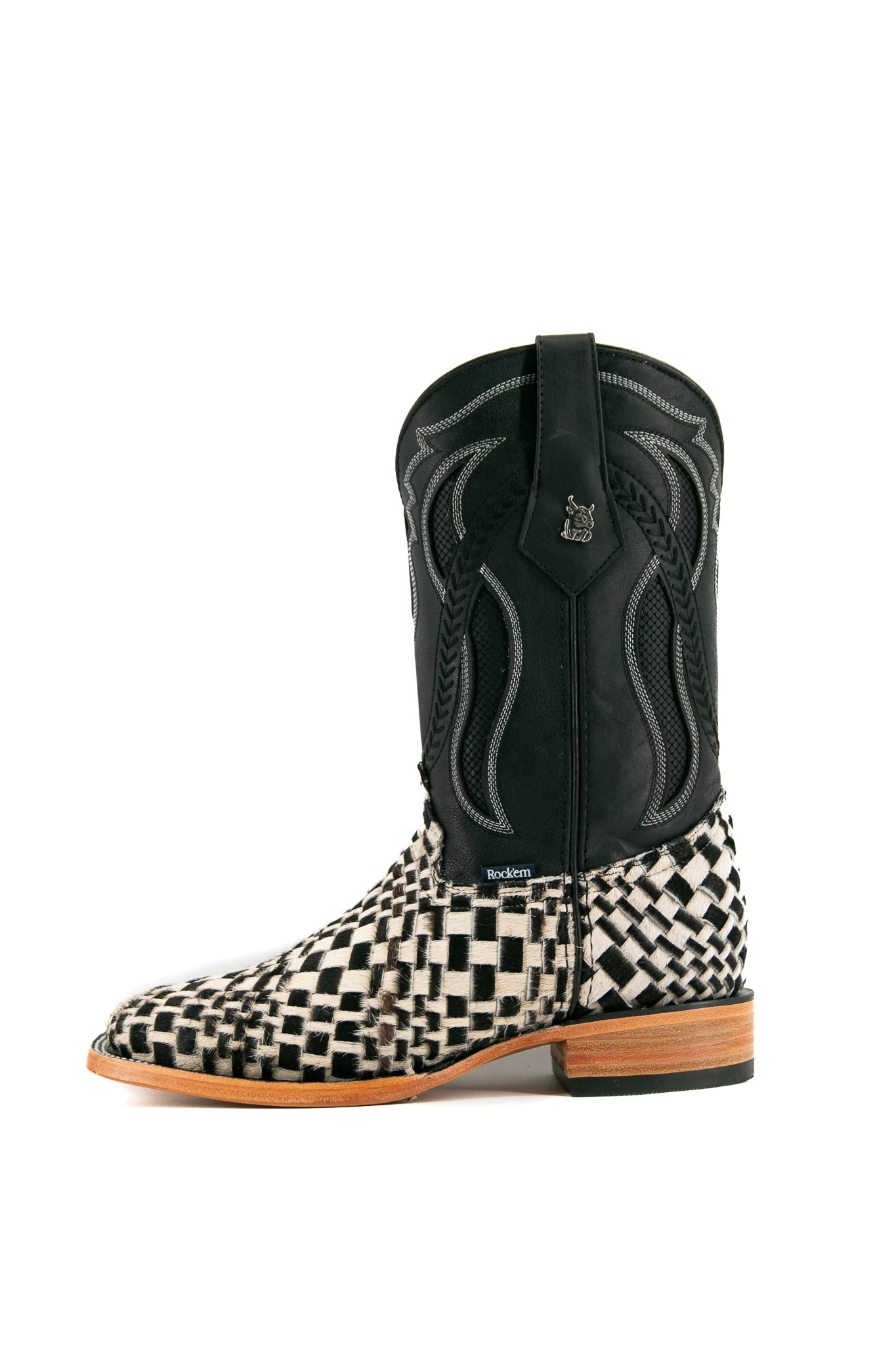 Rock'em Woven Cowhide Square Toe Cowboy Boots for Men - Western Style Leather Boots with Comfortable Fit - Perfect for Rodeo, Country Music Festivals & Casual Wear