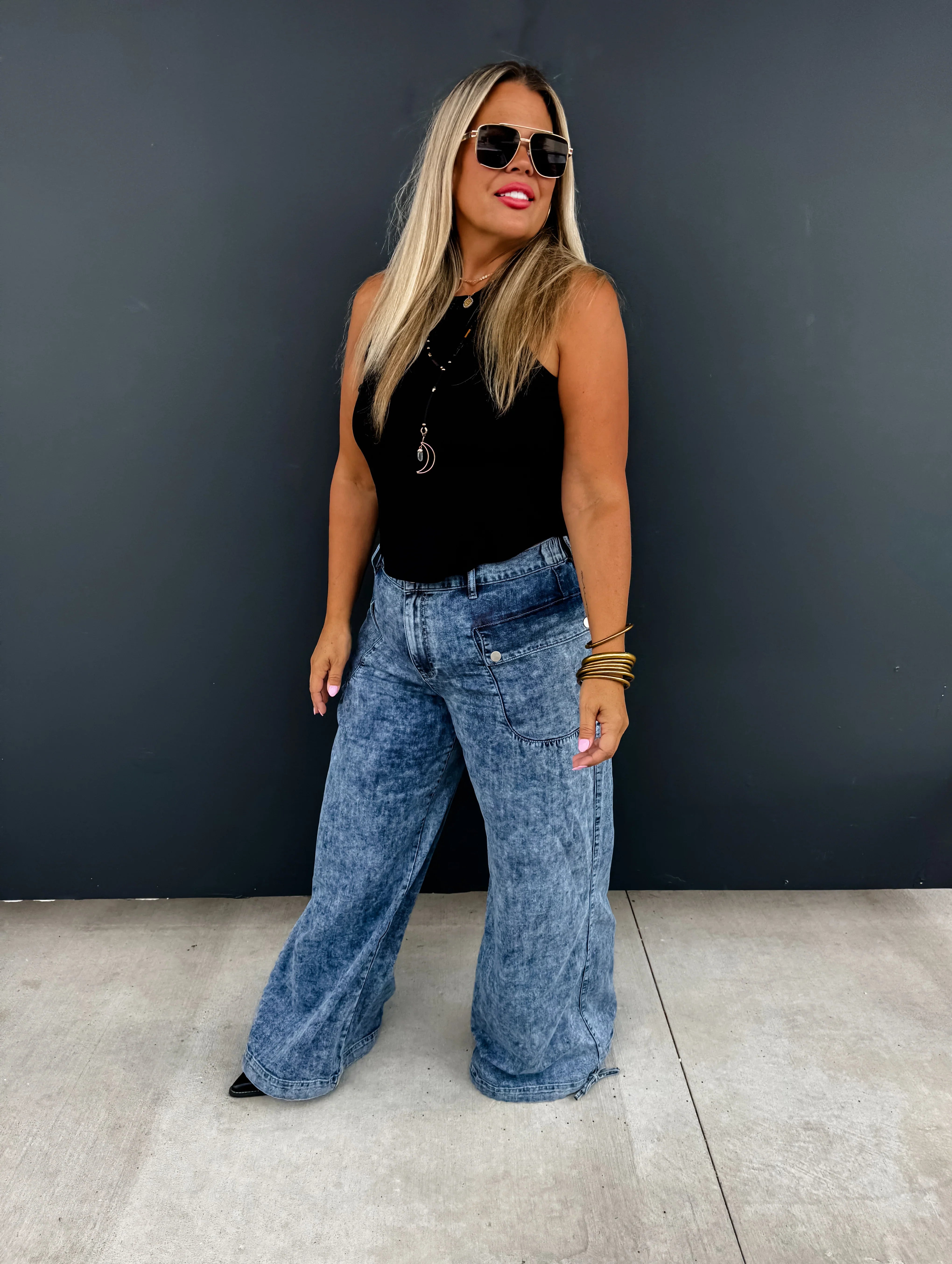 PREORDER: Charlie Cinch Hem Wide Leg Jeans - High Waist Stretch Denim Pants for Women | Casual & Chic Outfit for Everyday Wear