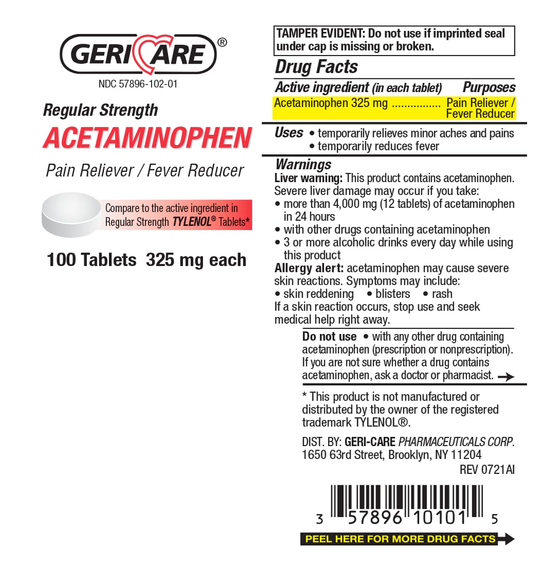 GeriCare Regular Strength 325mg Acetaminophen Pain Relief & Fever Reducer Tablets - 100 Count | Effective for Joint, Muscle, Arthritis & Back Pain | Fast-Acting Pain Relief for Adults & Seniors | Perfect for Home, Travel & First Aid Kits