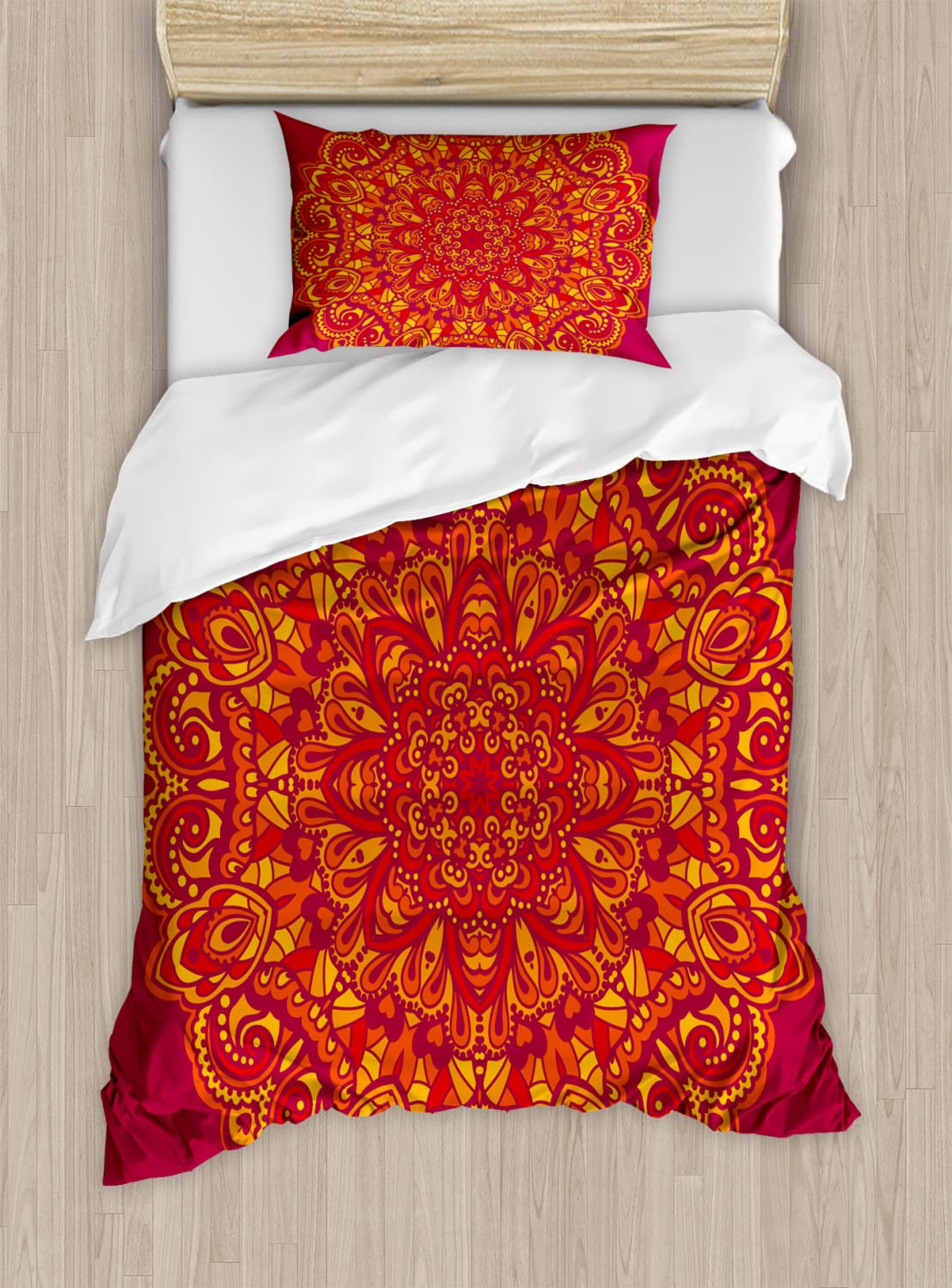Ambesonne Mandala Duvet Cover Set - Psychedelic Vibrant Colors with Historical Art Elements, 2-Piece Twin Size Bedding Set (2 Duvet Covers + 2 Pillowcases) in Vermilion Fuchsia - Perfect for Bohemian Bedroom Decor & Meditation Spaces