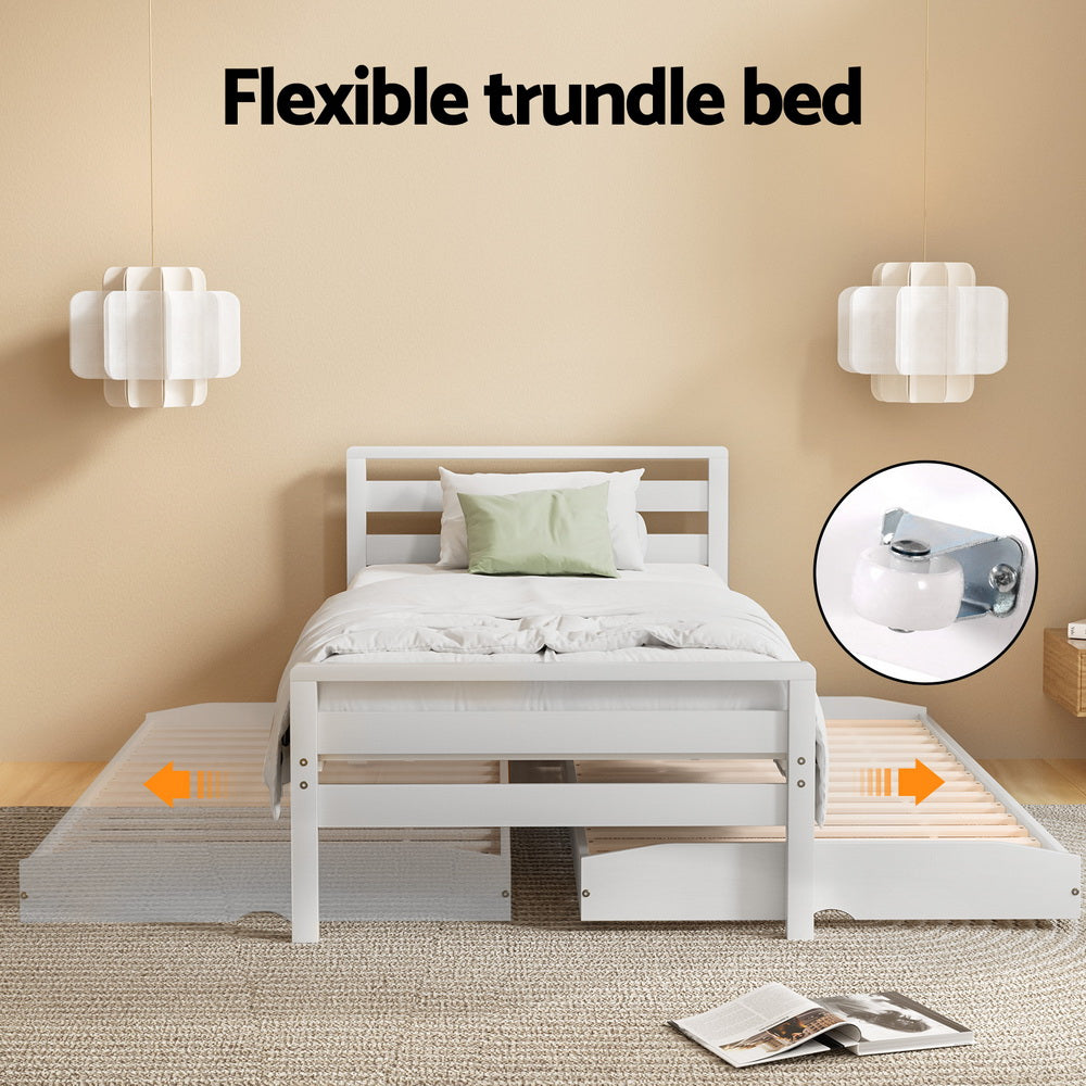 White Avis Wooden Trundle Single Bed Frame - Space-Saving Twin Size Guest Bed with Storage Drawer, Perfect for Kids Room, Guest Bedroom & Small Apartments