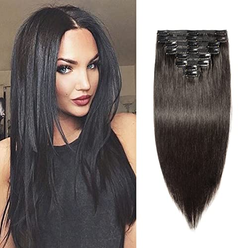 Benehair 24-Inch Double Weft Clip-In Human Hair Extensions - Natural Off Black Soft Straight Remy Hair (8pcs/18 Clips, 170g) for Women - Perfect for Volume Boost, Length Extension & Styling for Parties, Weddings & Daily Wear