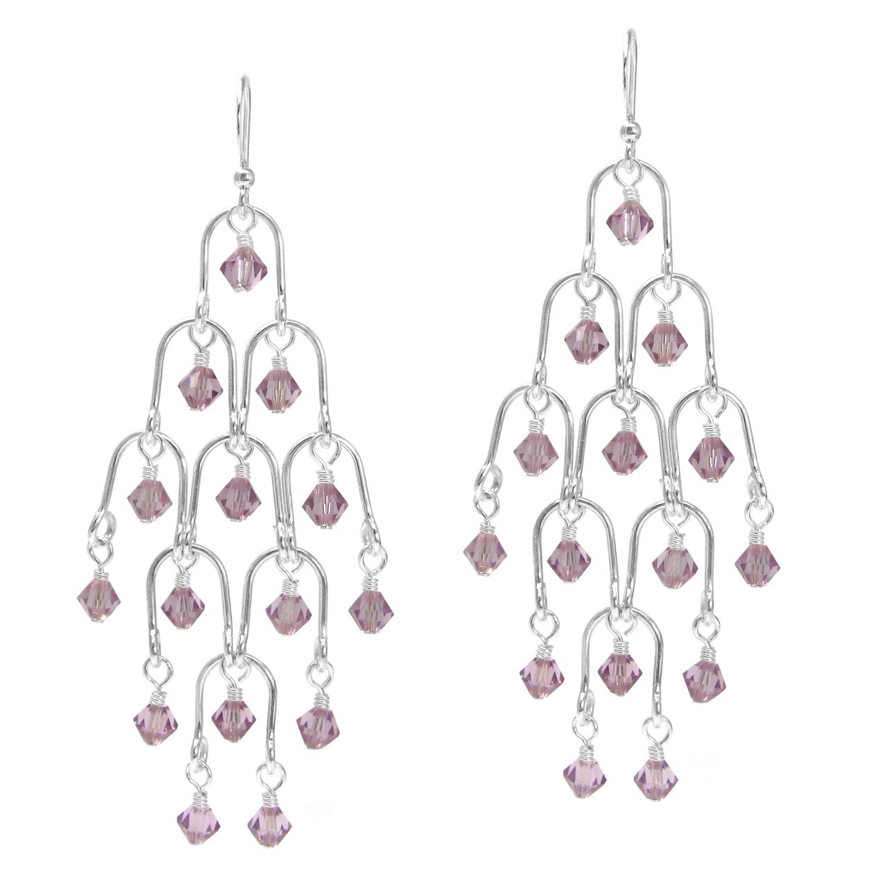Elegant Sterling Silver Crystal Chandelier Earrings with Arch Design in Light Purple | Perfect for Weddings, Parties & Special Occasions