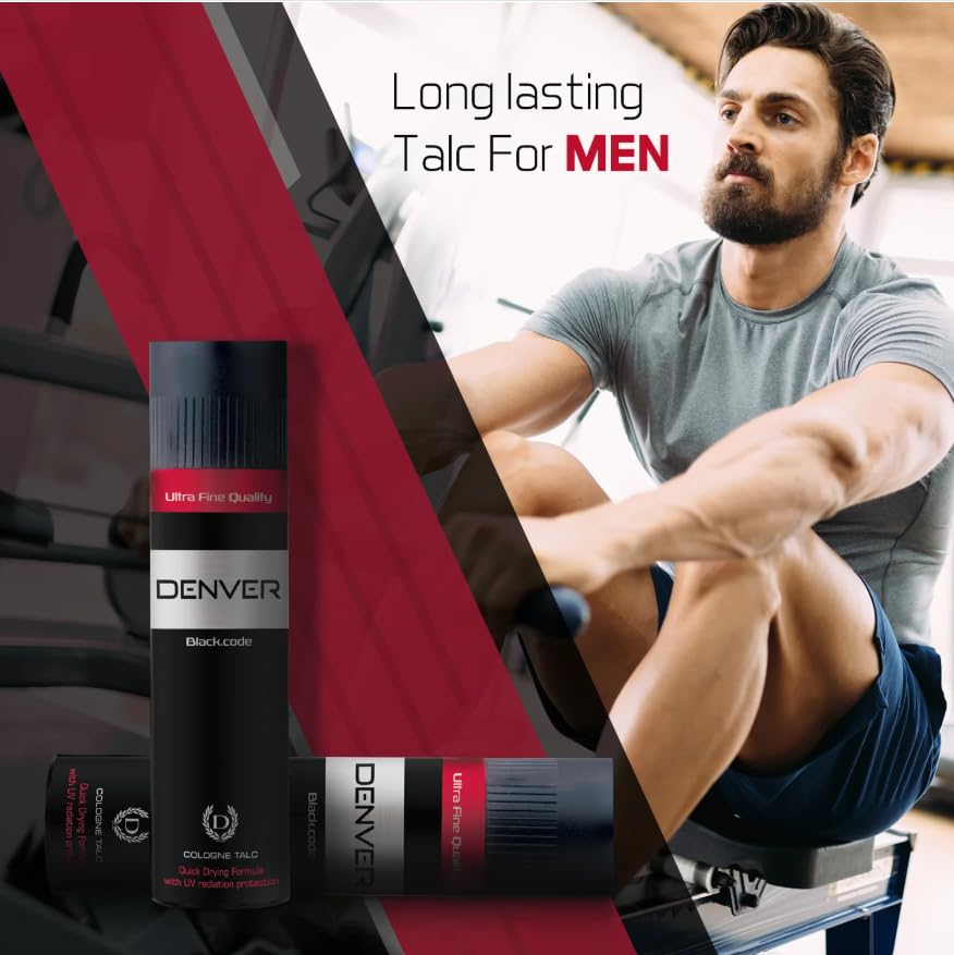 DENVER Black Code Cologne Talc - 300GM | Premium Scented Talcum Powder for Men | Fresh Fragrance & Smooth Finish | Ideal for Daily Use, Gym & Post-Shave