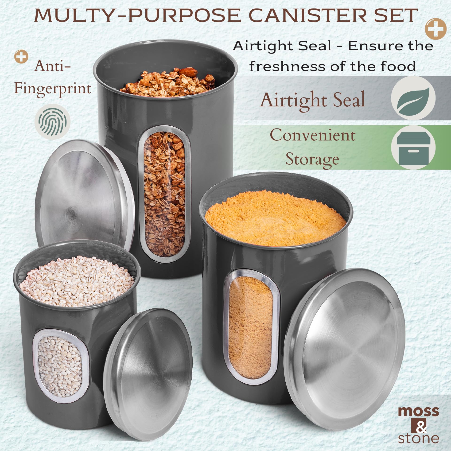 3-Piece Gray Kitchen Canister Set with See-Through Window - Airtight Coffee, Tea & Sugar Storage Containers - Moss & Stone Kitchen Jars for Pantry Organization (Grey) - Perfect for Coffee Lovers, Tea Enthusiasts & Baking Needs