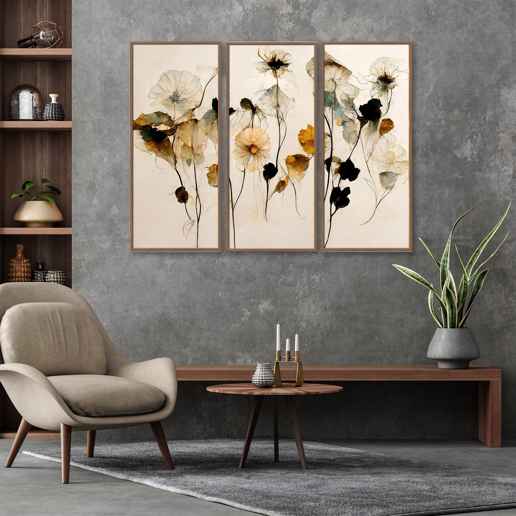 Treechild 3-Piece Framed Dry Flower Wall Art Set - Elegant Botanical Home Decor for Living Room, Bedroom & Office
