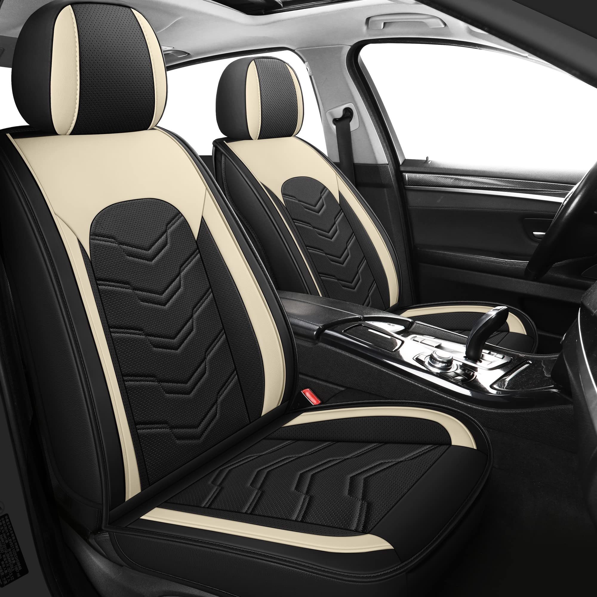 Premium 5-Piece AOOG Leather Car Seat Covers Set - Breathable Faux Leatherette, Non-Slip Waterproof Seat Protectors for Sedans, SUVs & Trucks | Airbag Compatible Beige & Black | Perfect for Daily Commute, Road Trips & Family Travel