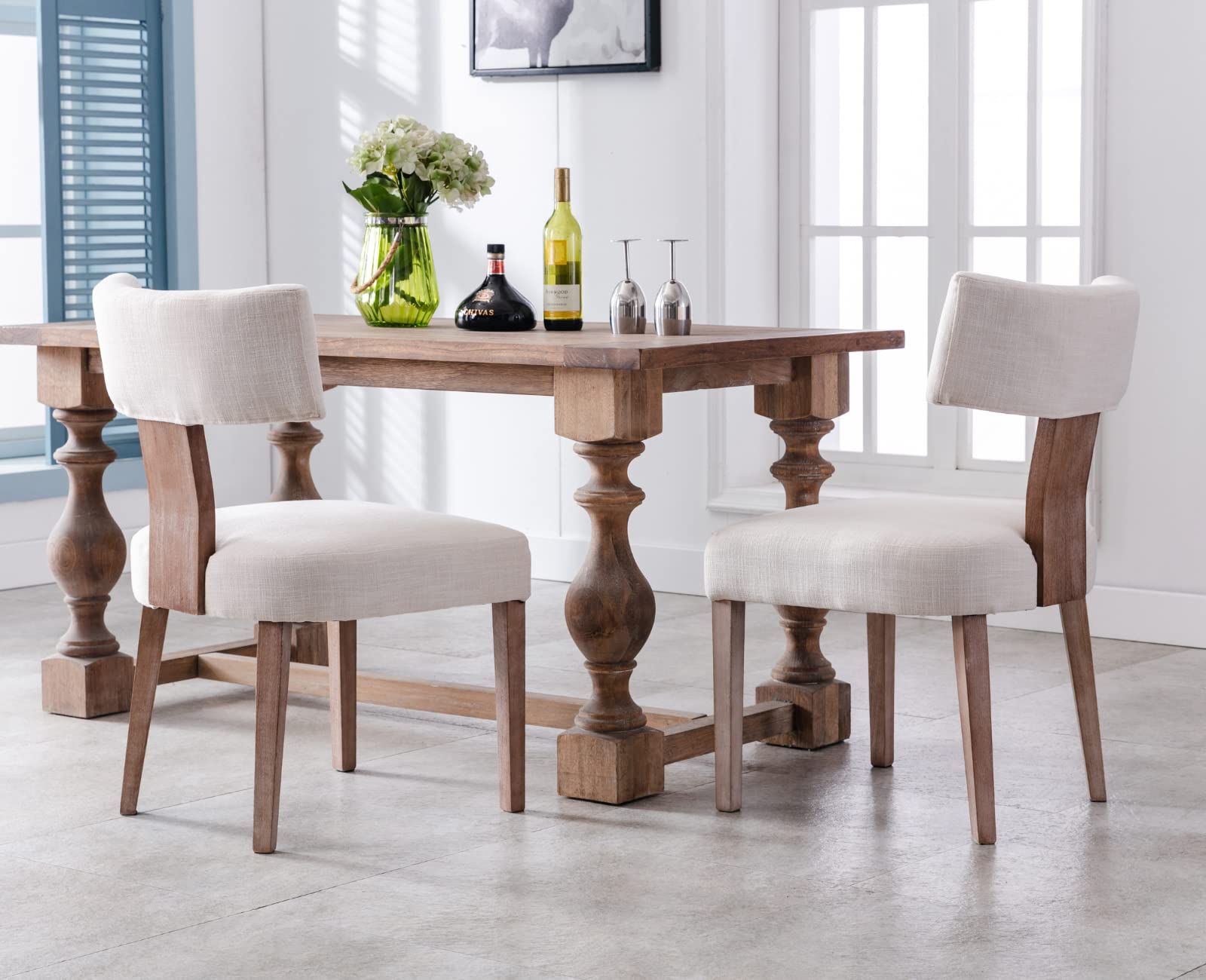 EALSON Mid Century Modern Dining Chairs Set of 2 - Linen Upholstered Kitchen Chairs with Wood Legs & Curved Back - Farmhouse Style Accent Chairs for Dining Room, Living Room, Kitchen - Beige - Perfect for Home Decor, Family Gatherings & Dinner Parties