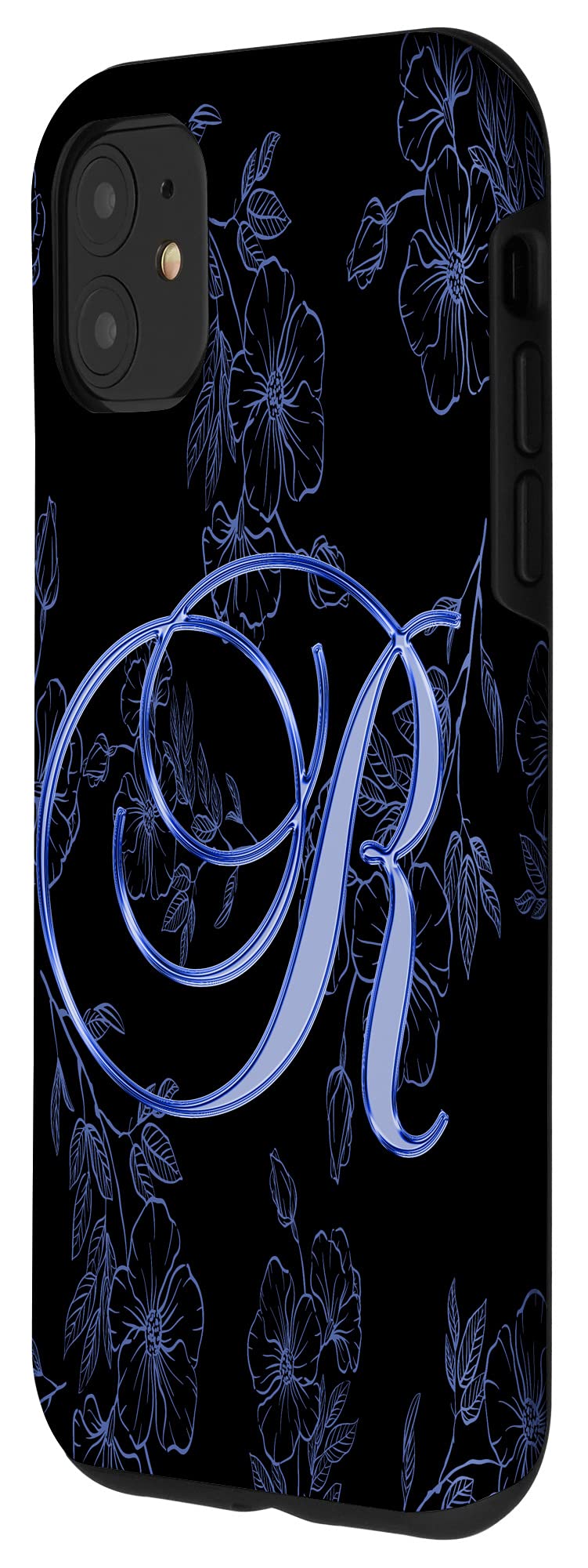 iPhone 11 Case - Blue Floral Garden Design with Leaf Patterns, Personalized Name Initial Letter Cover | Perfect for Everyday Use, Gift Giving & Spring Aesthetic